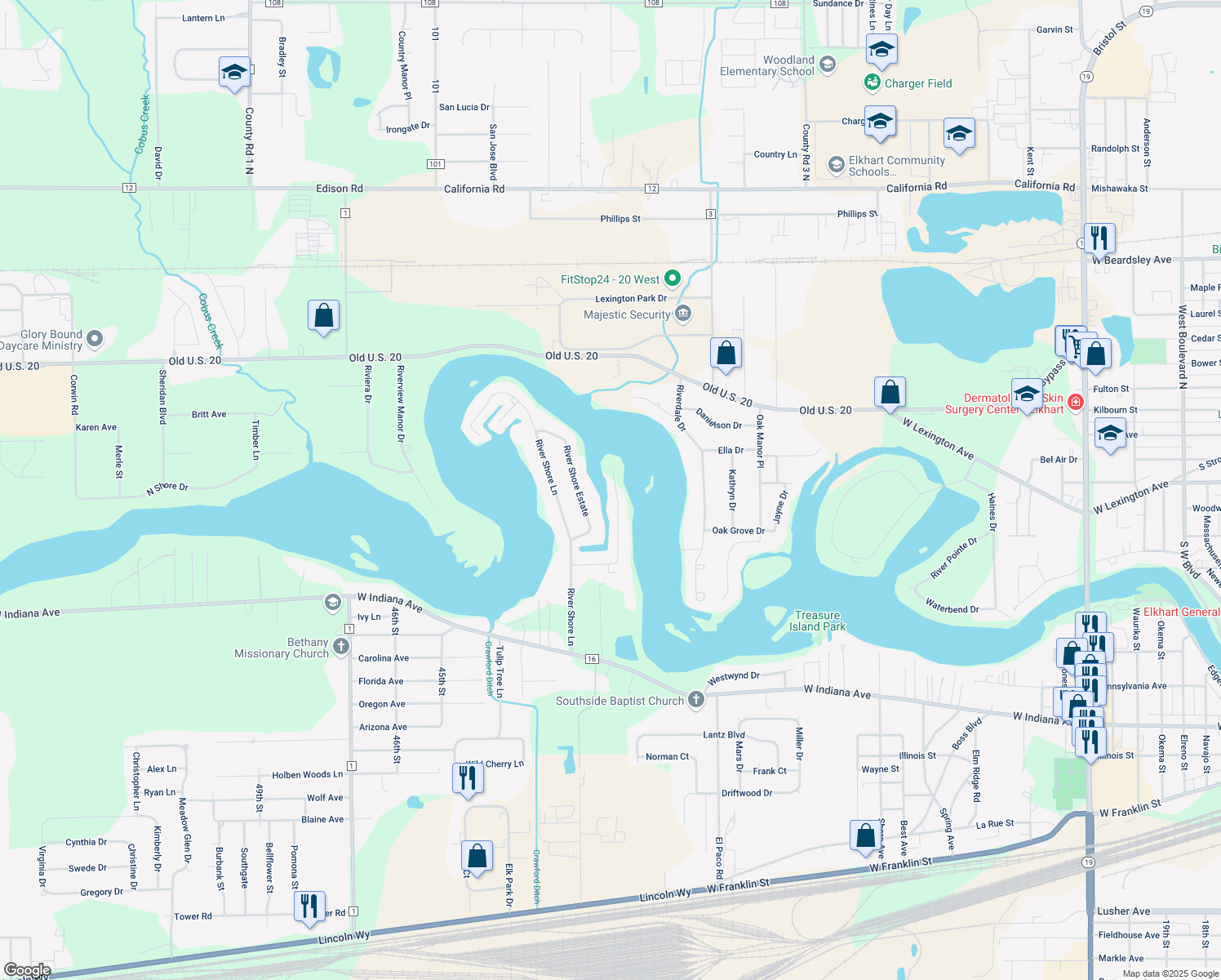 map of restaurants, bars, coffee shops, grocery stores, and more near 55861 Channel View Dr in Elkhart