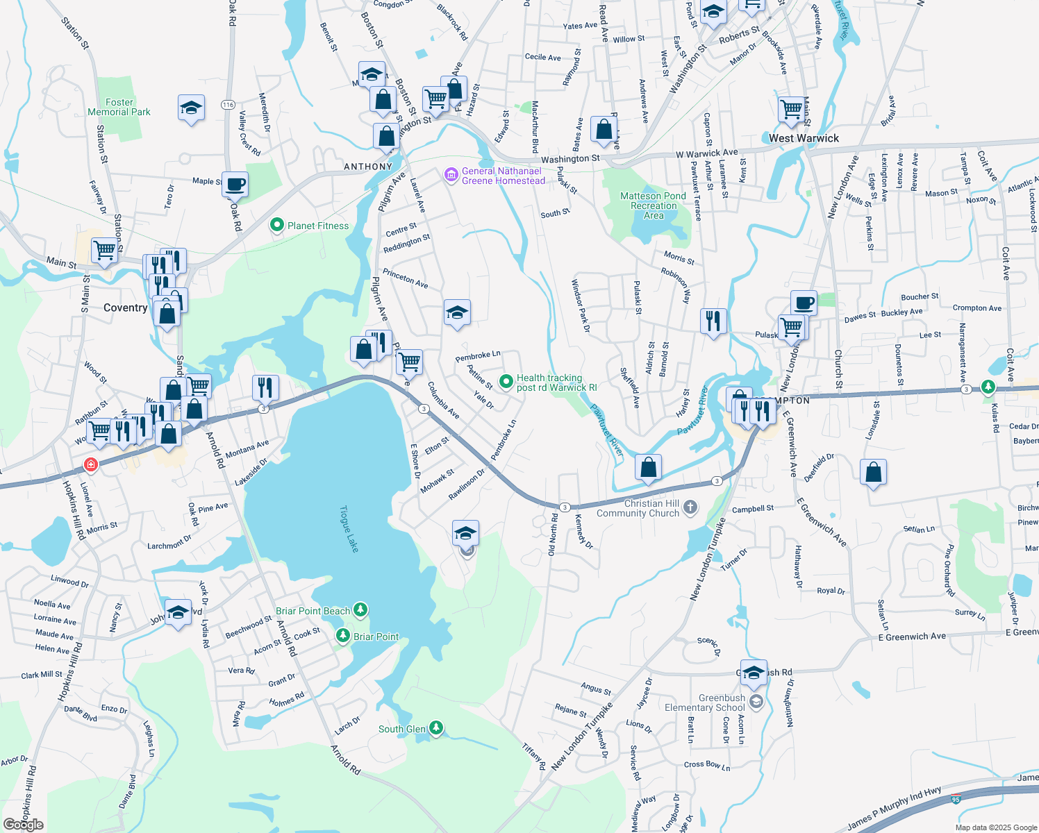 map of restaurants, bars, coffee shops, grocery stores, and more near 63 Pembroke Ln in Coventry