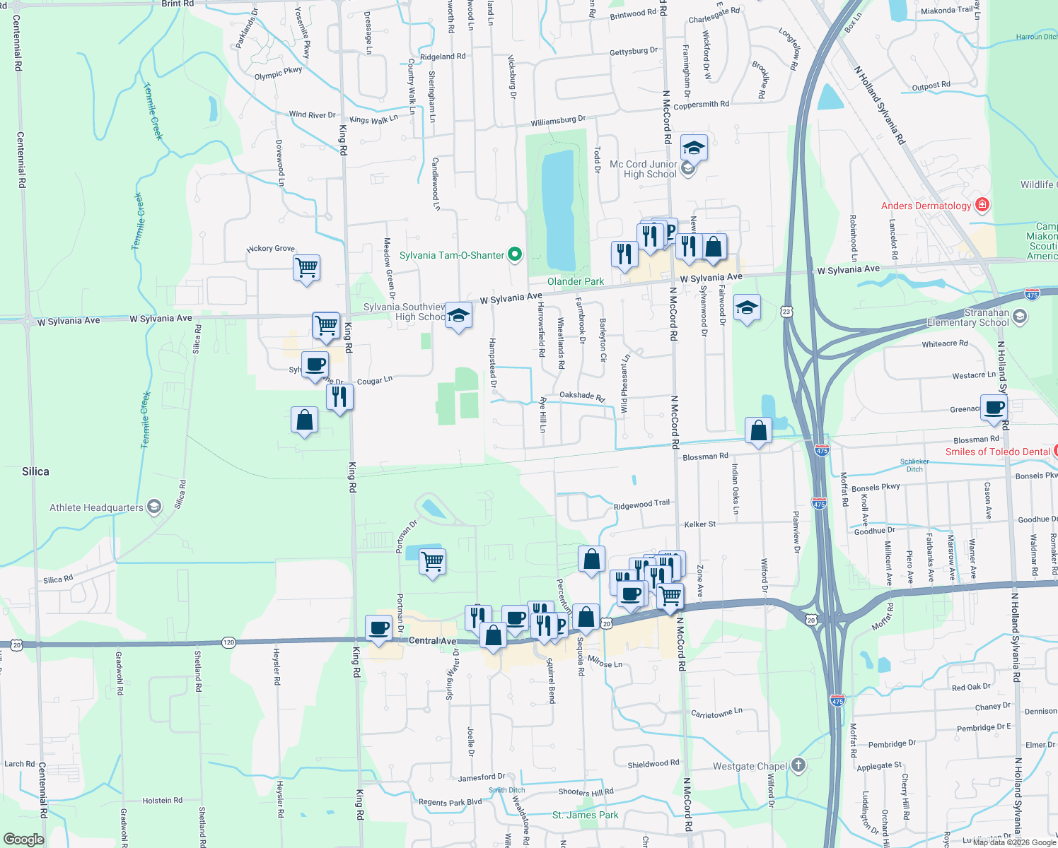 map of restaurants, bars, coffee shops, grocery stores, and more near 3656 Hampstead Dr in Sylvania