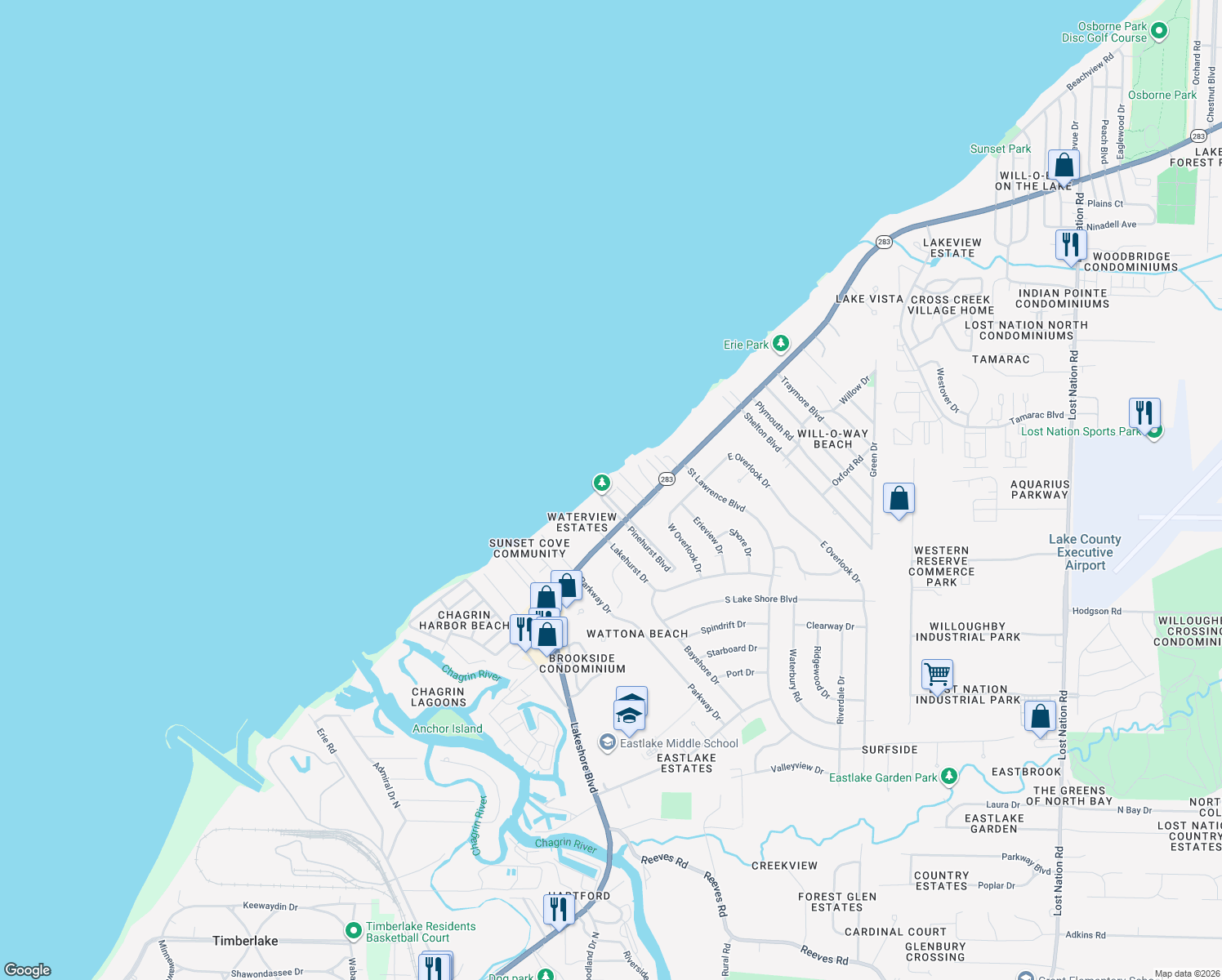 map of restaurants, bars, coffee shops, grocery stores, and more near 37 Pinehurst Boulevard in Eastlake
