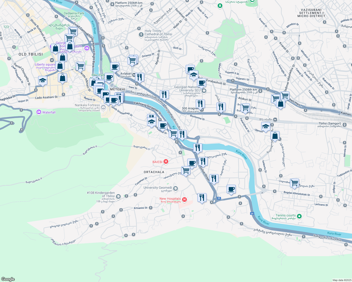 map of restaurants, bars, coffee shops, grocery stores, and more near Gorgasali Street in Tbilisi