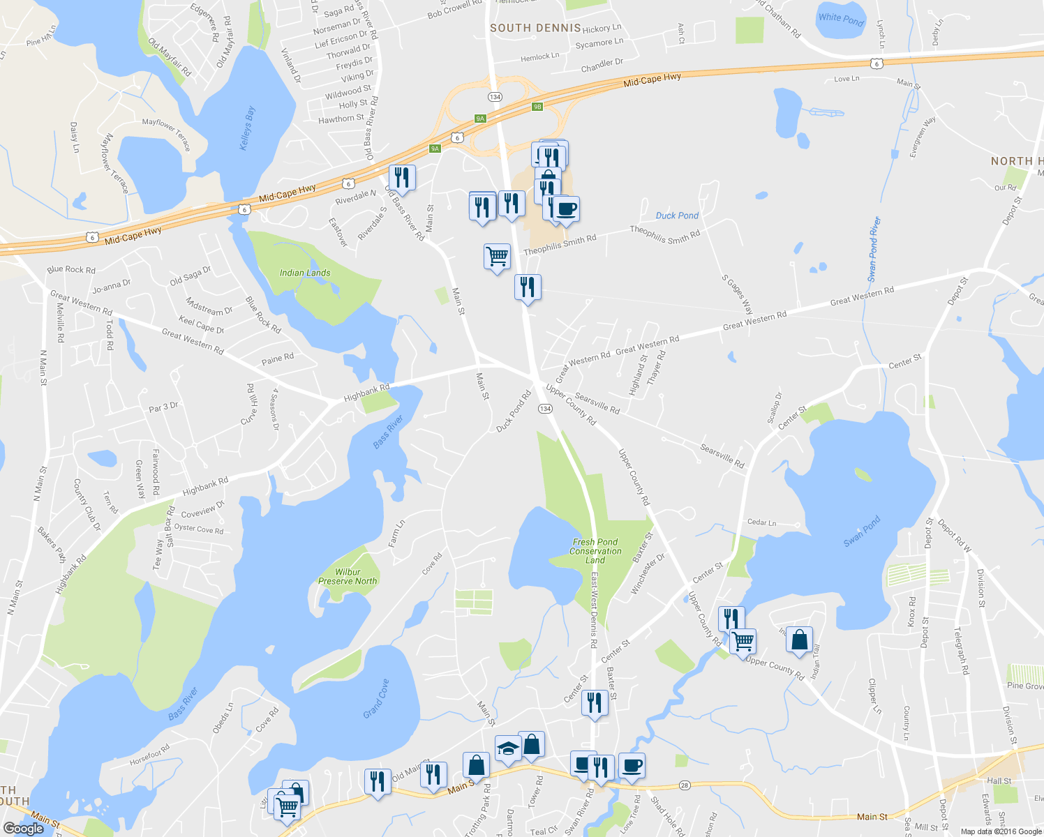 map of restaurants, bars, coffee shops, grocery stores, and more near 31 Duck Pond Road in Dennis