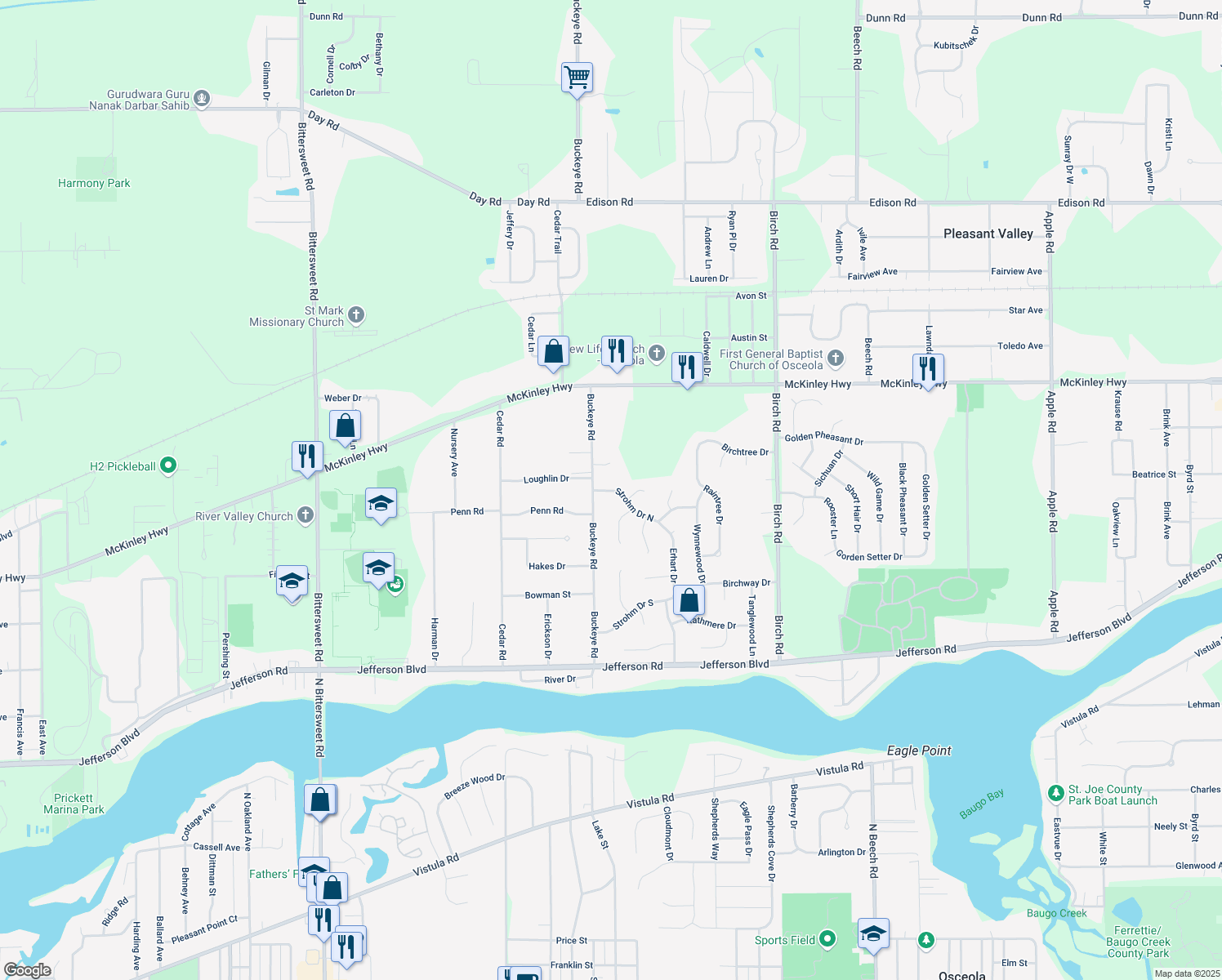 map of restaurants, bars, coffee shops, grocery stores, and more near 11699 Strohm Drive North in Mishawaka