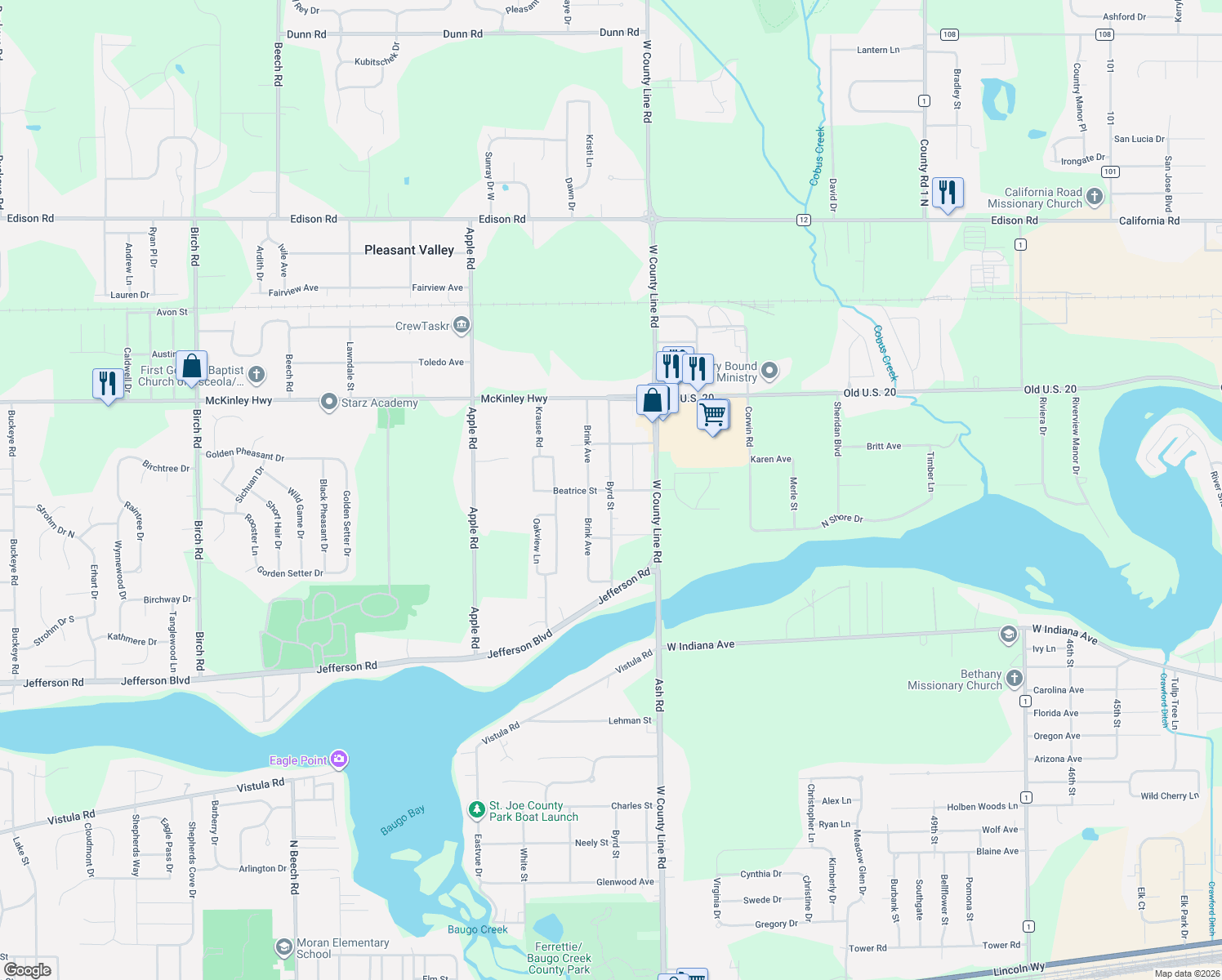 map of restaurants, bars, coffee shops, grocery stores, and more near 55799 Byrd St in Osceola