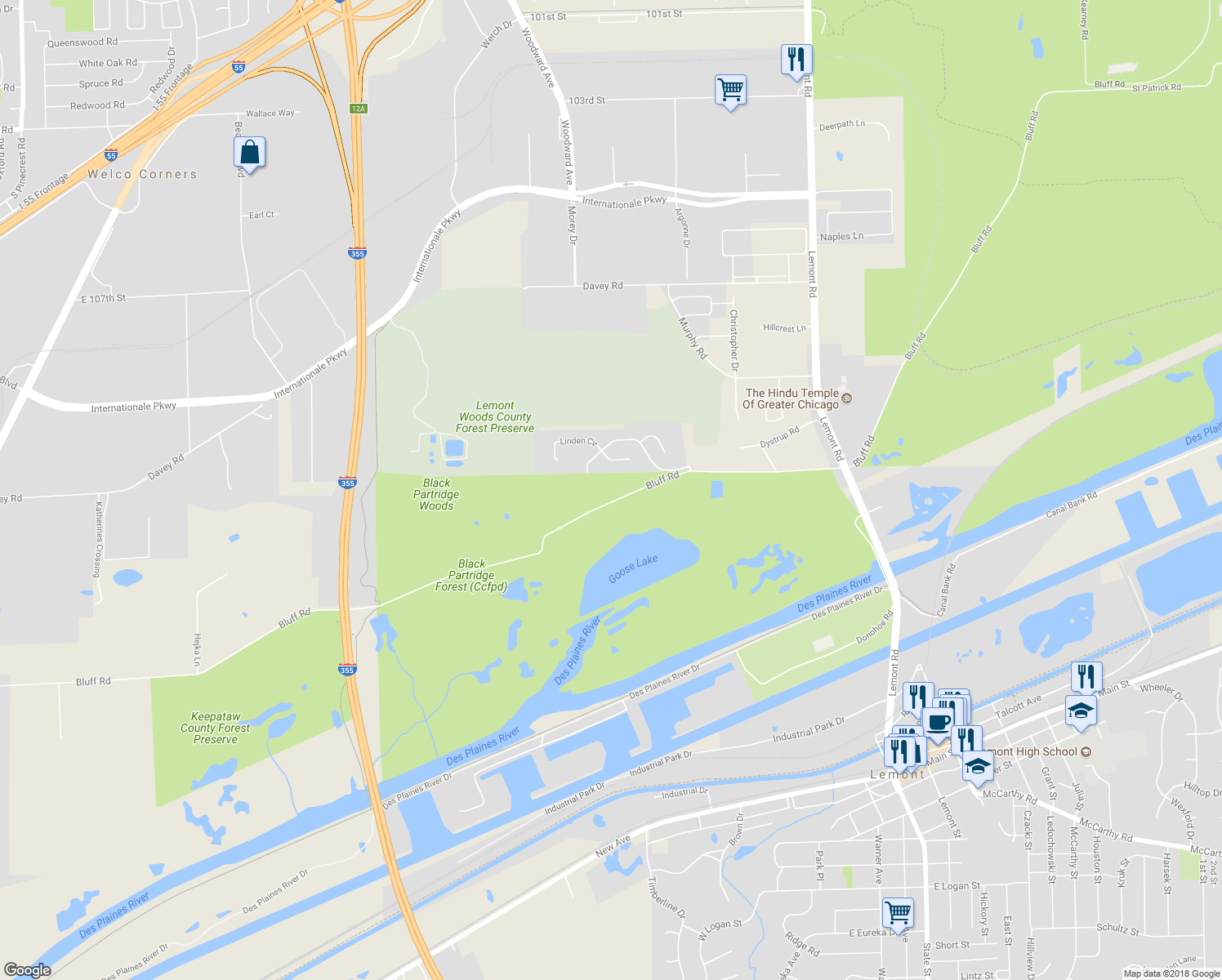 map of restaurants, bars, coffee shops, grocery stores, and more near 16262 Bluff Road in Lemont