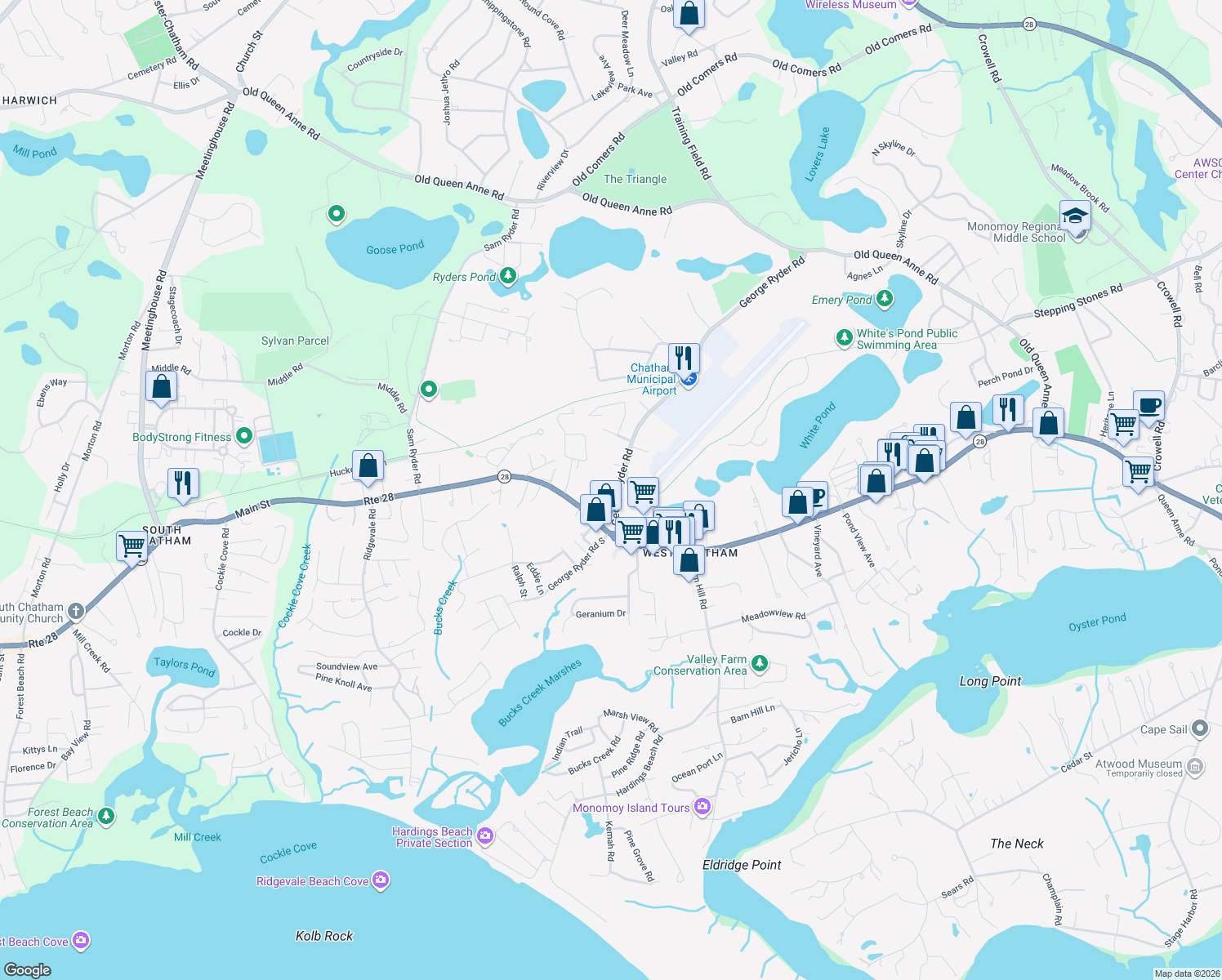 map of restaurants, bars, coffee shops, grocery stores, and more near 63 George Ryder Road in Chatham