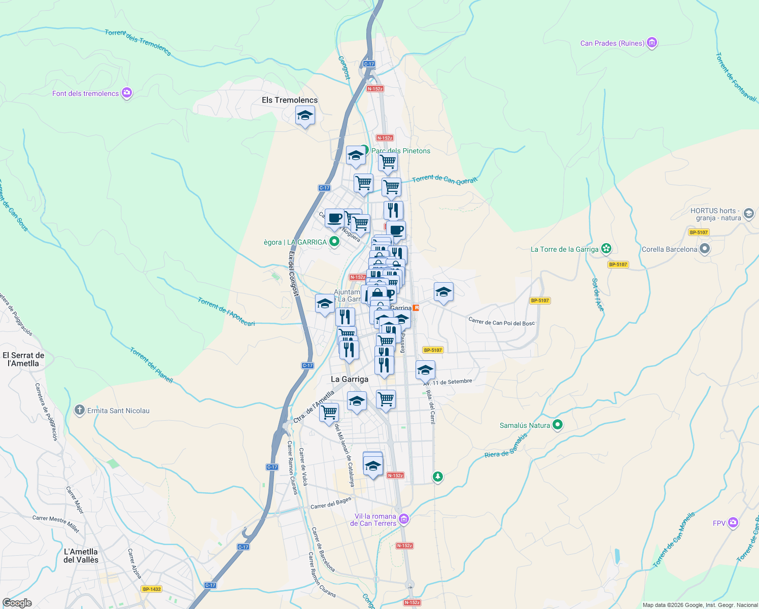 map of restaurants, bars, coffee shops, grocery stores, and more near 9 Plaça Can Dachs in La Garriga