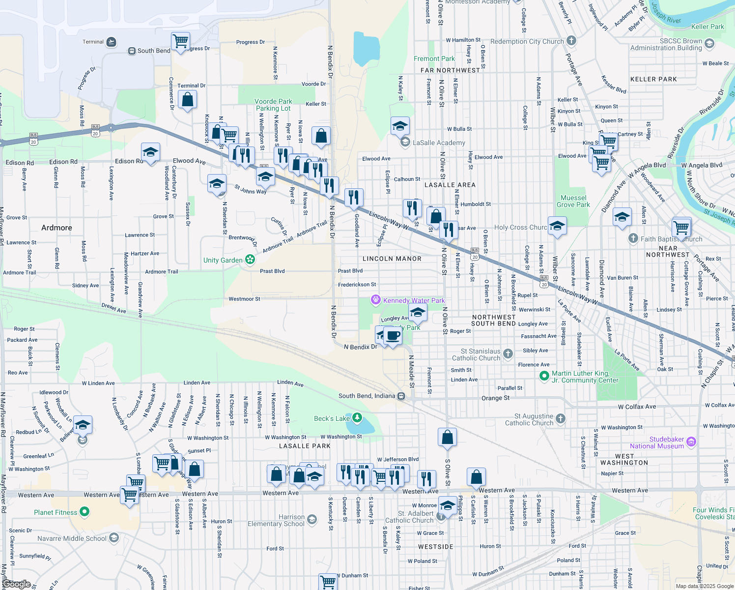 map of restaurants, bars, coffee shops, grocery stores, and more near 2905 Westmoor Street in South Bend