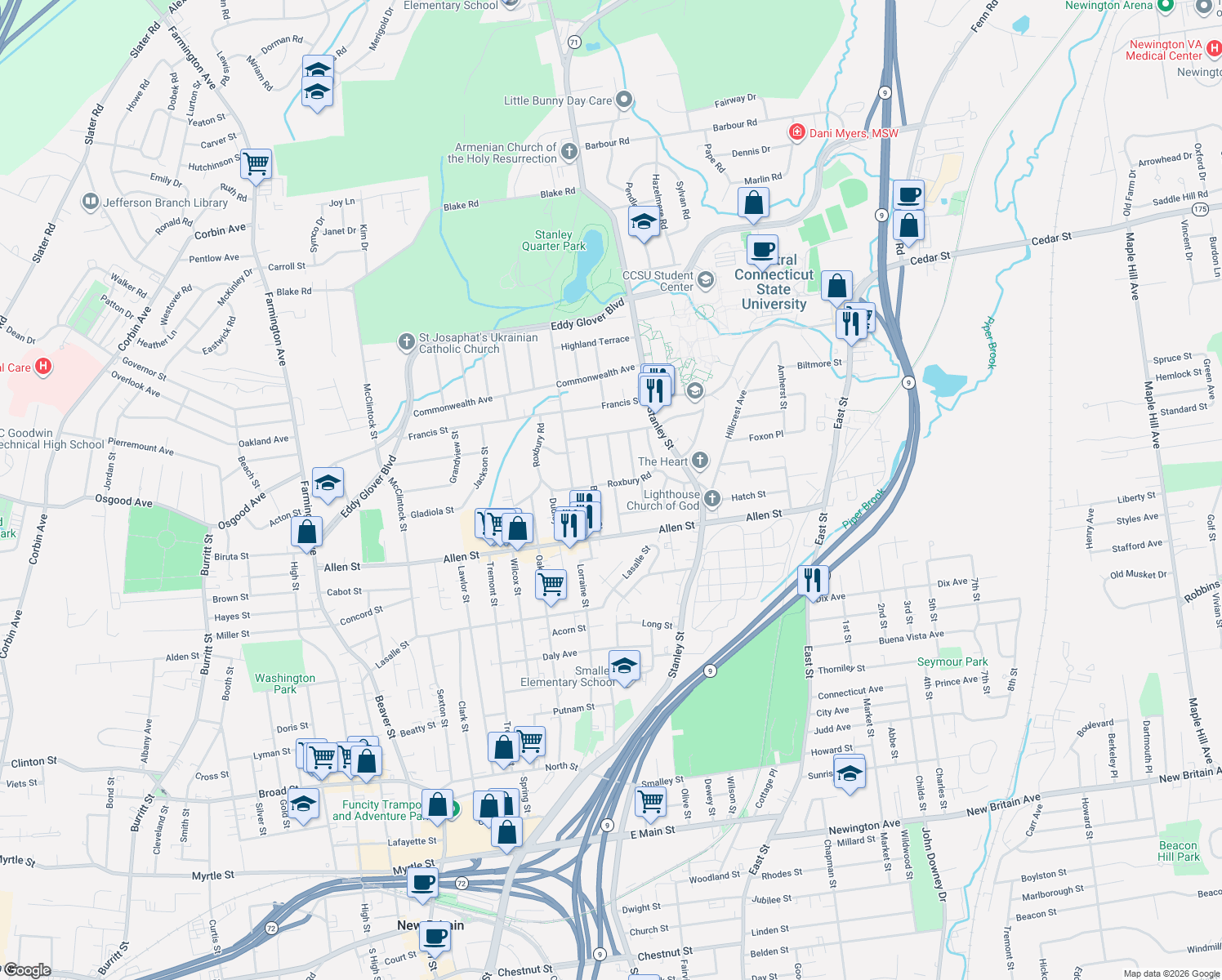 map of restaurants, bars, coffee shops, grocery stores, and more near 130 Roxbury Road in New Britain