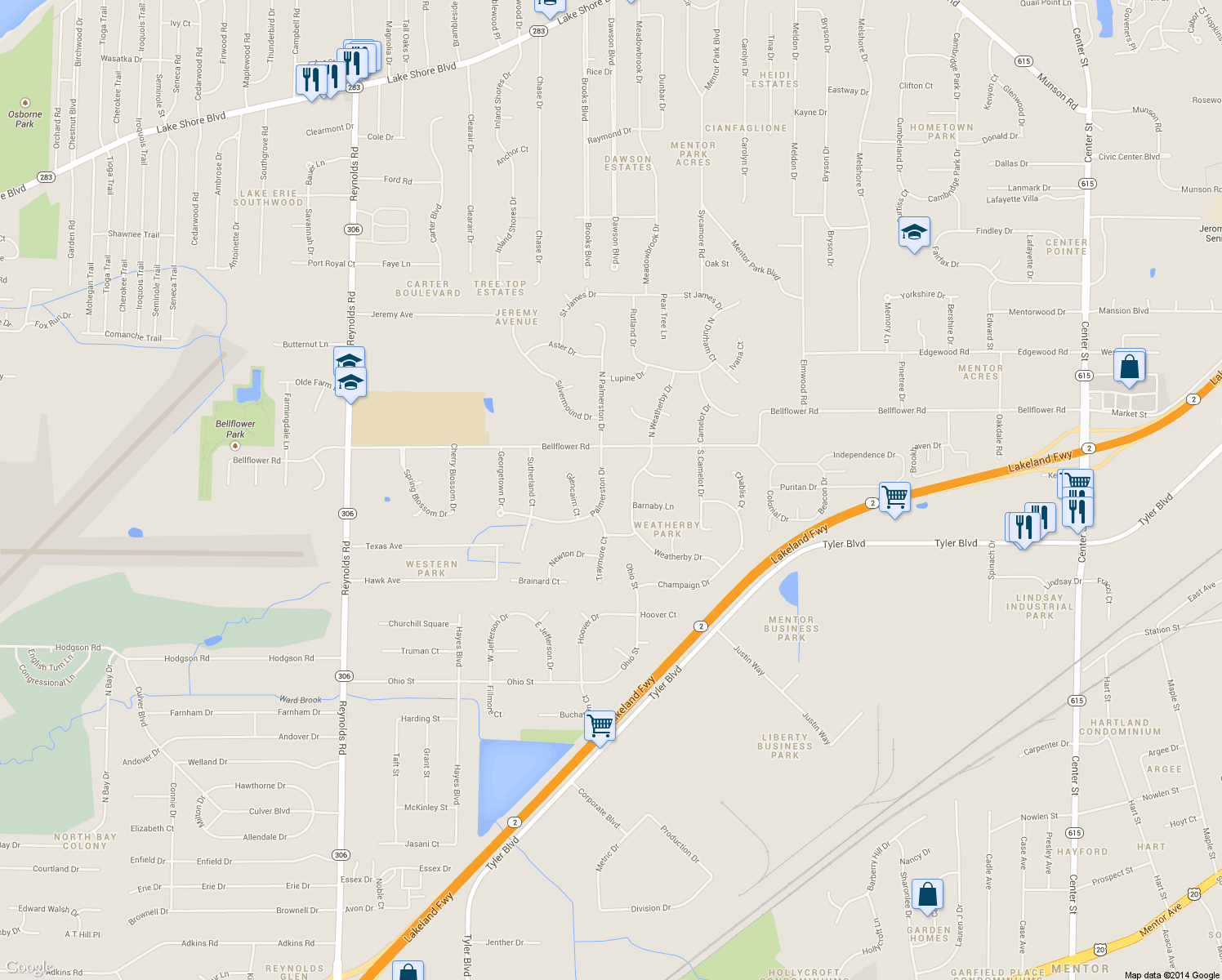 map of restaurants, bars, coffee shops, grocery stores, and more near 6813 Palmerston Dr in Mentor