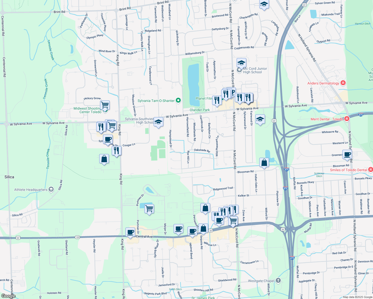 map of restaurants, bars, coffee shops, grocery stores, and more near 3733 Rye Hill Ln in Sylvania