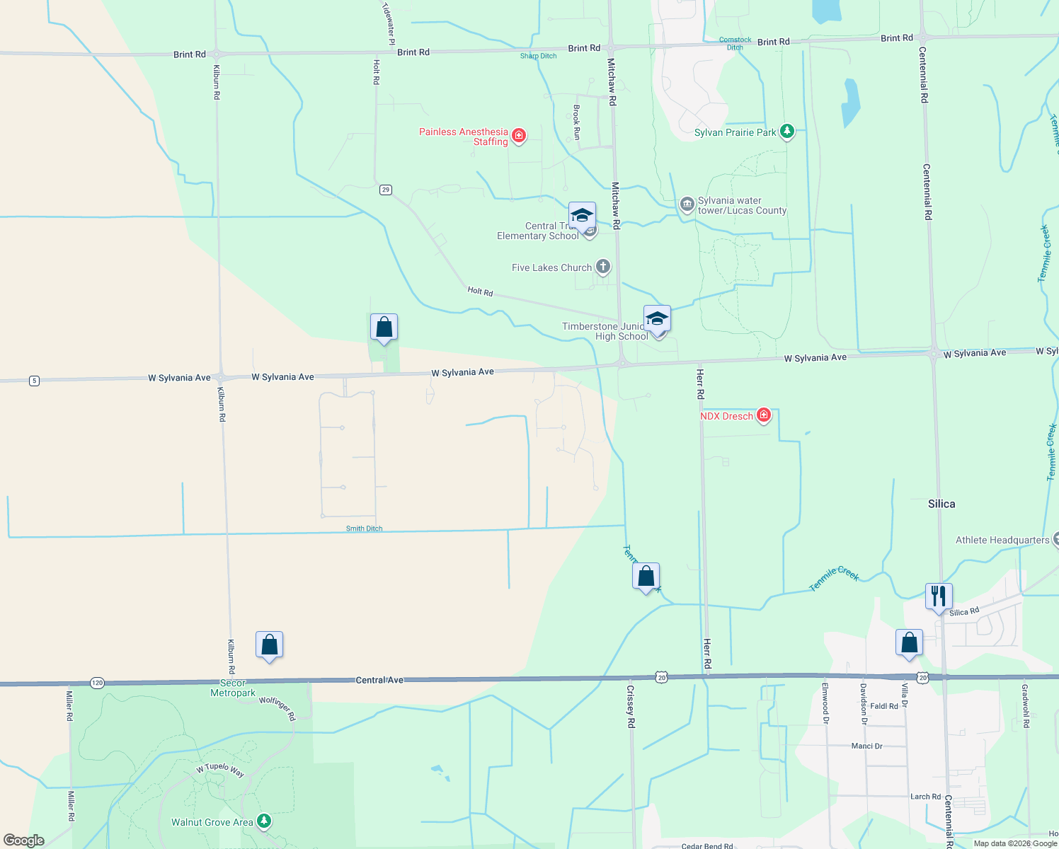 map of restaurants, bars, coffee shops, grocery stores, and more near 3841 Bridge Creek Blvd in Sylvania