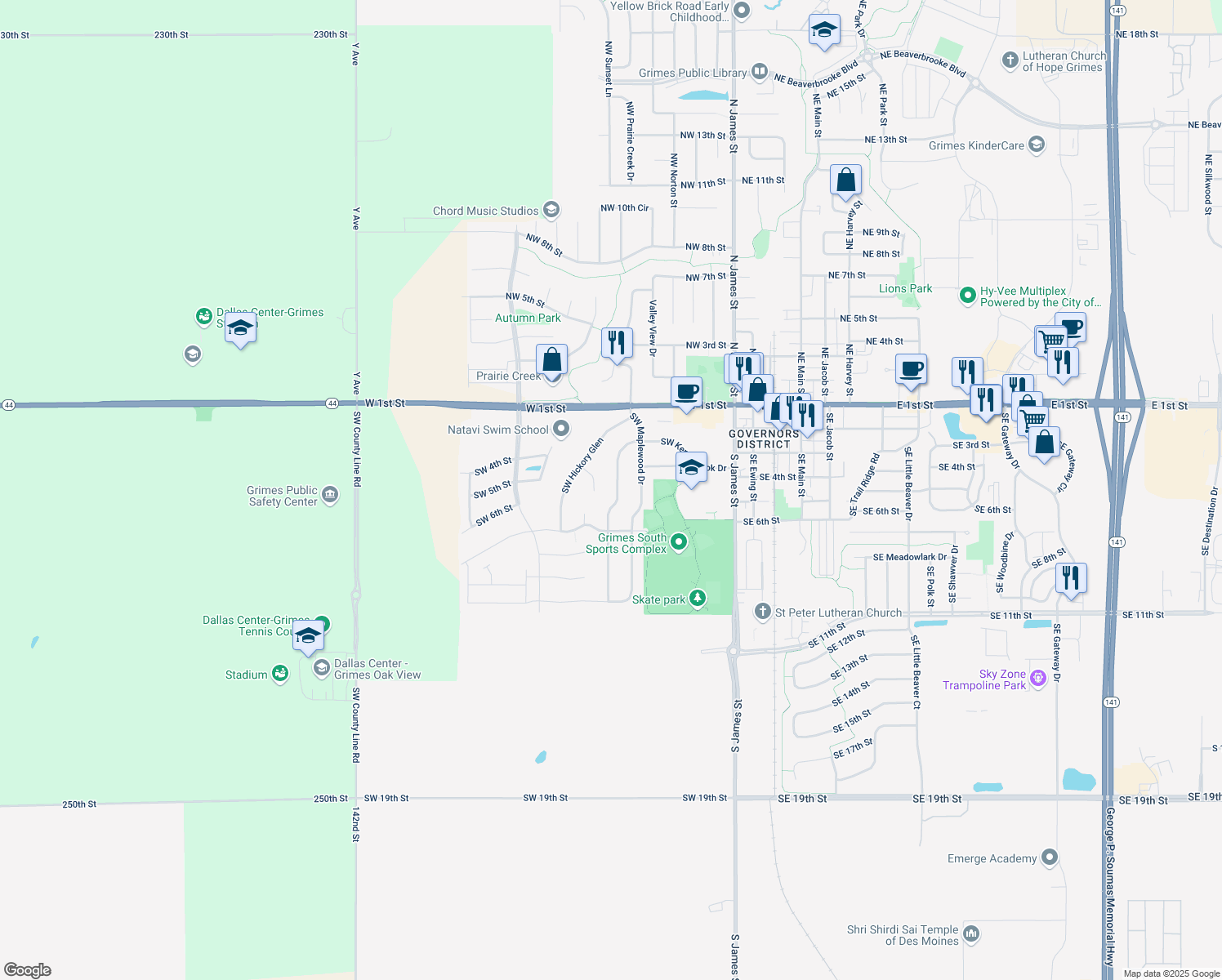 map of restaurants, bars, coffee shops, grocery stores, and more near 416 SW Kennybrook Dr in Grimes
