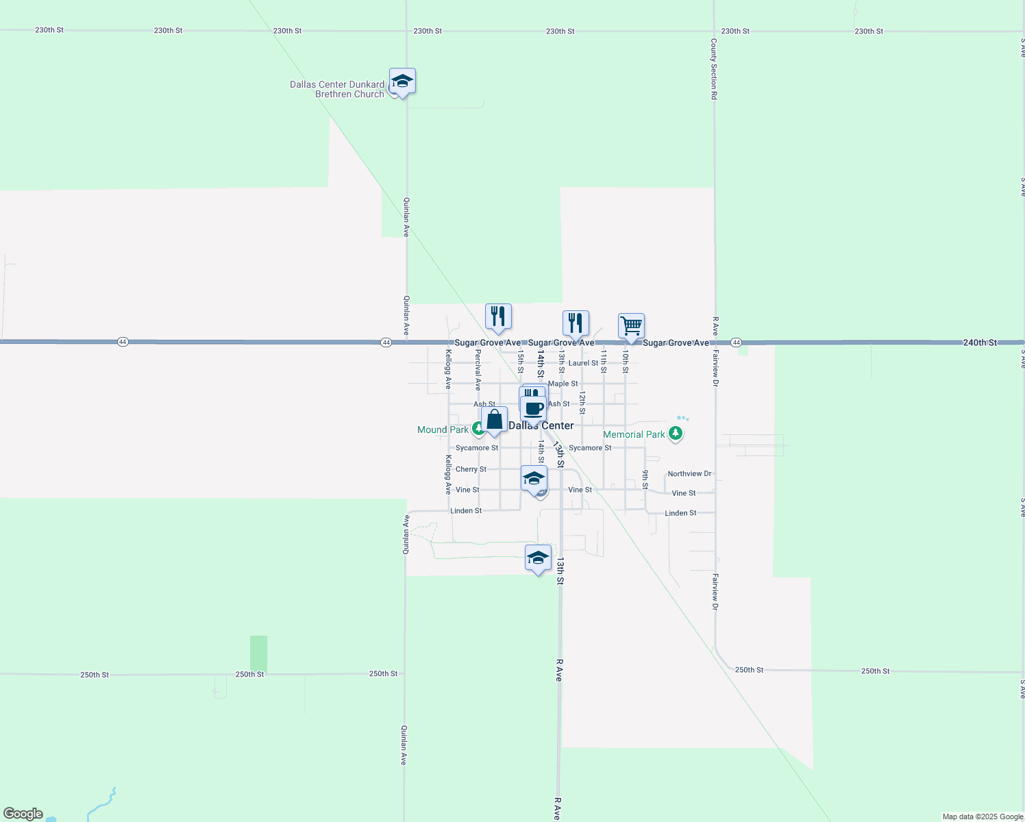 map of restaurants, bars, coffee shops, grocery stores, and more near 403 15th Street in Dallas Center