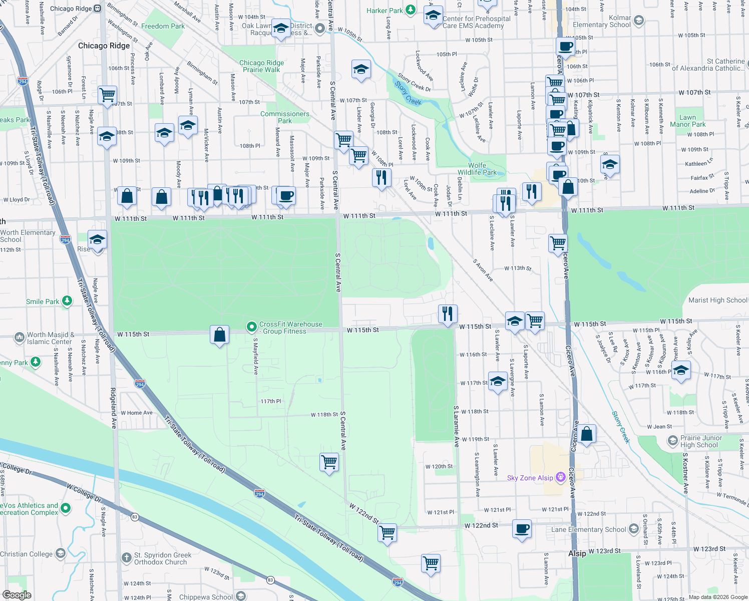 map of restaurants, bars, coffee shops, grocery stores, and more near 5432 Foxwoods Dr in Oak Lawn