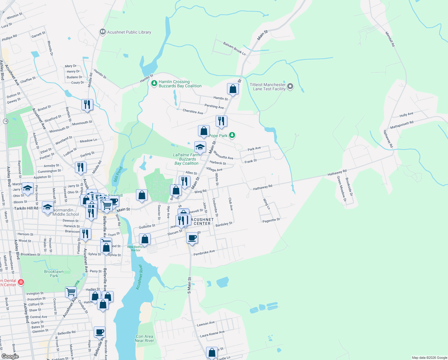 map of restaurants, bars, coffee shops, grocery stores, and more near 65 Wing Rd in Acushnet