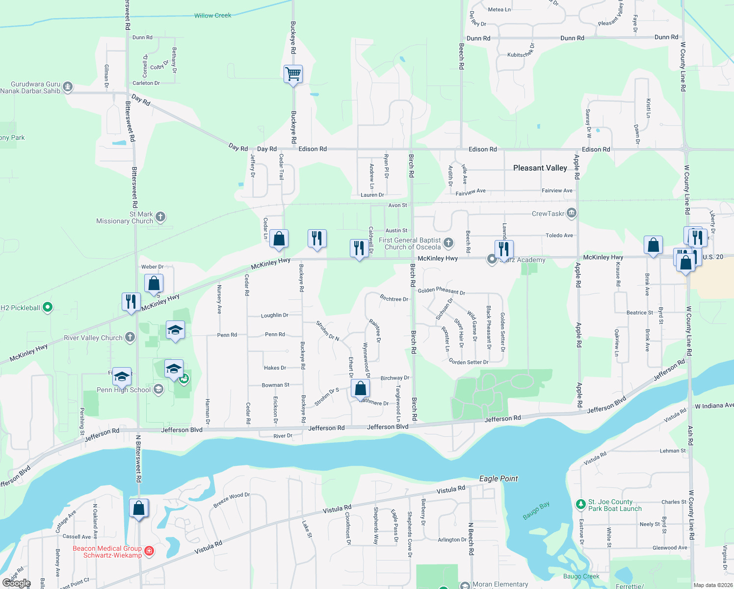 map of restaurants, bars, coffee shops, grocery stores, and more near 11498 Birchtree Drive in Osceola