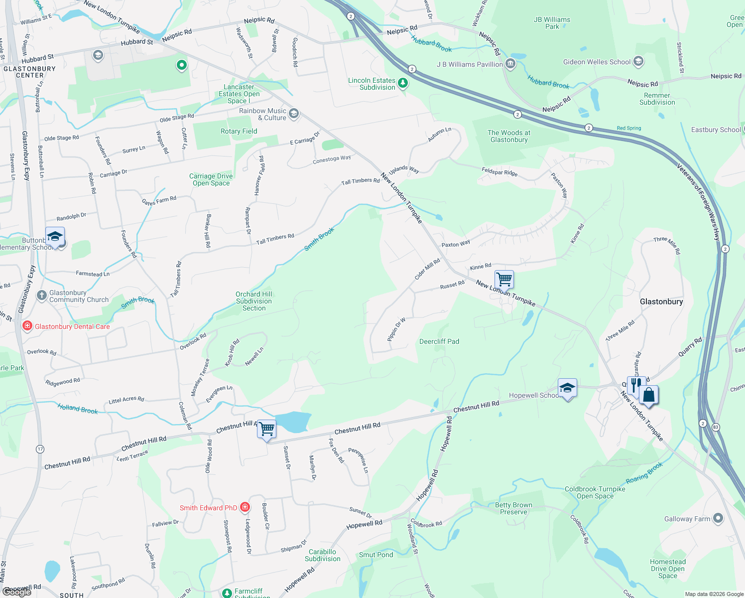 map of restaurants, bars, coffee shops, grocery stores, and more near 4 West Ledge Road in Glastonbury