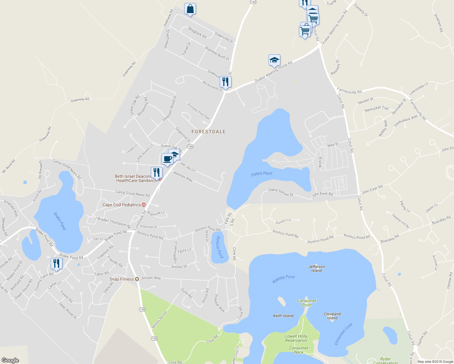 map of restaurants, bars, coffee shops, grocery stores, and more near 12 Sheldon Lane in Sandwich