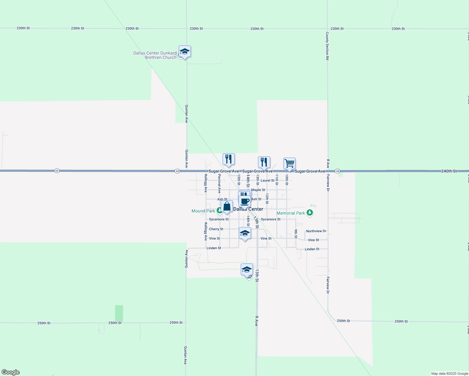 map of restaurants, bars, coffee shops, grocery stores, and more near 1503 Maple Street in Dallas Center