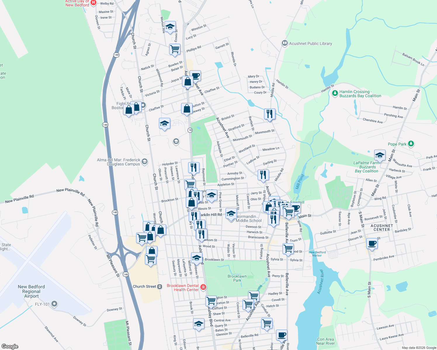 map of restaurants, bars, coffee shops, grocery stores, and more near 155 Pine Grove Street in New Bedford