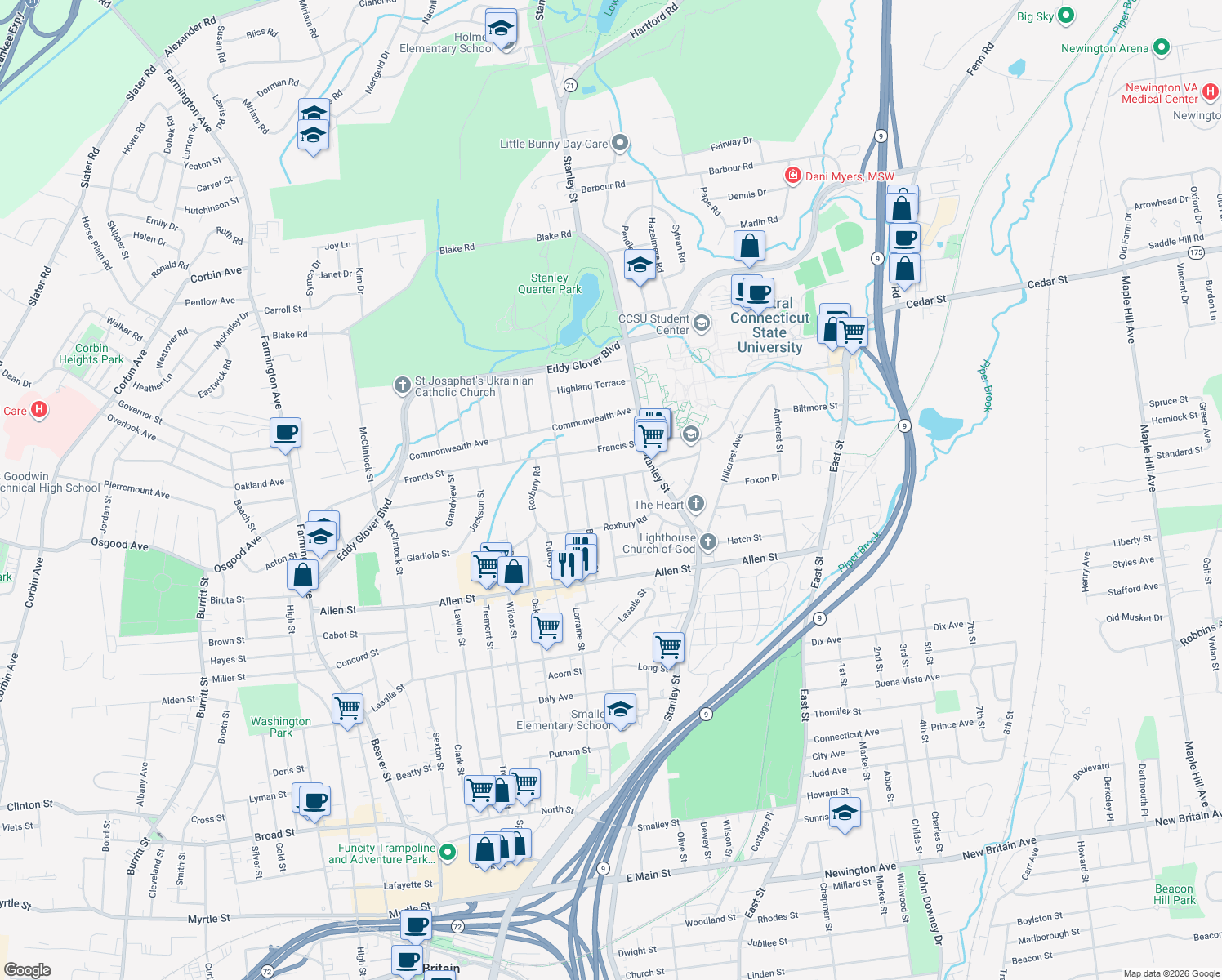 map of restaurants, bars, coffee shops, grocery stores, and more near 125 Stewart St in New Britain