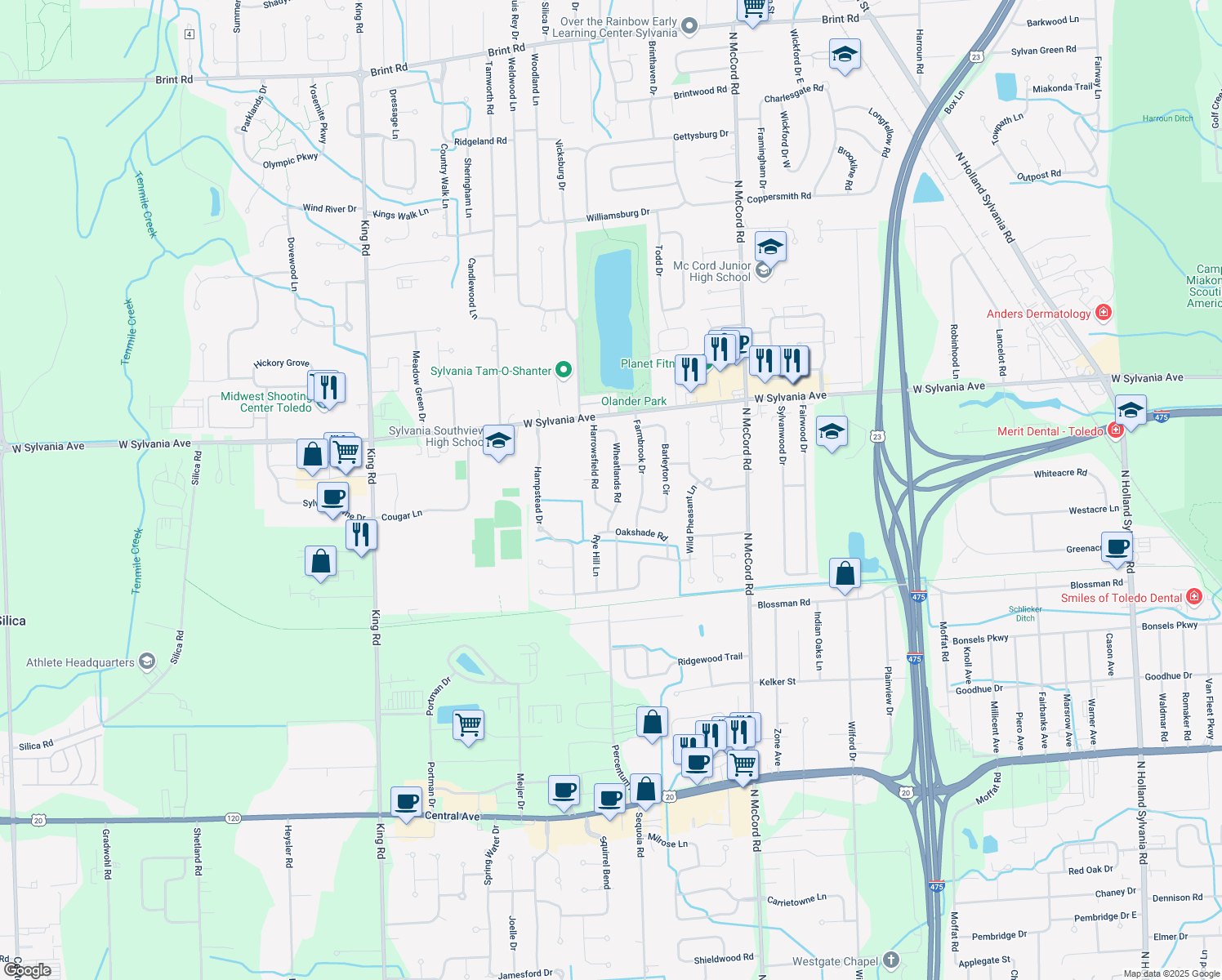 map of restaurants, bars, coffee shops, grocery stores, and more near 3817 Wheatlands Road in Sylvania