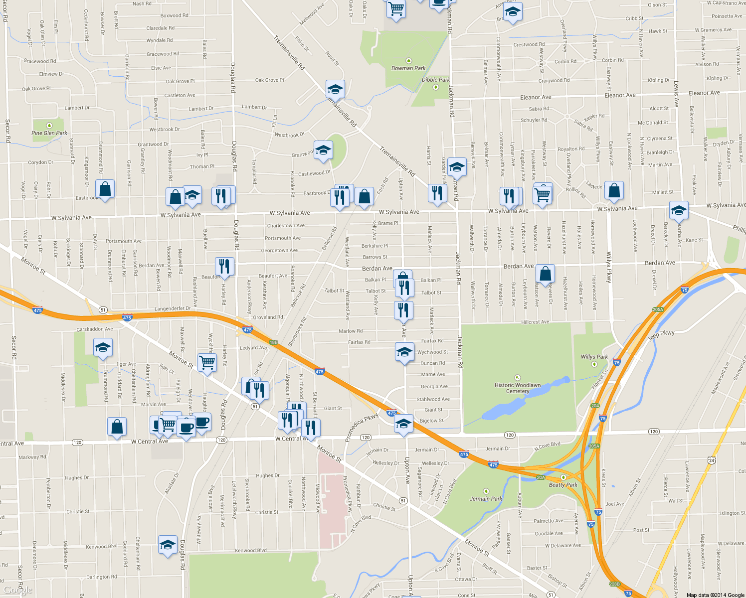 map of restaurants, bars, coffee shops, grocery stores, and more near 2004 Loxley Rd in Toledo