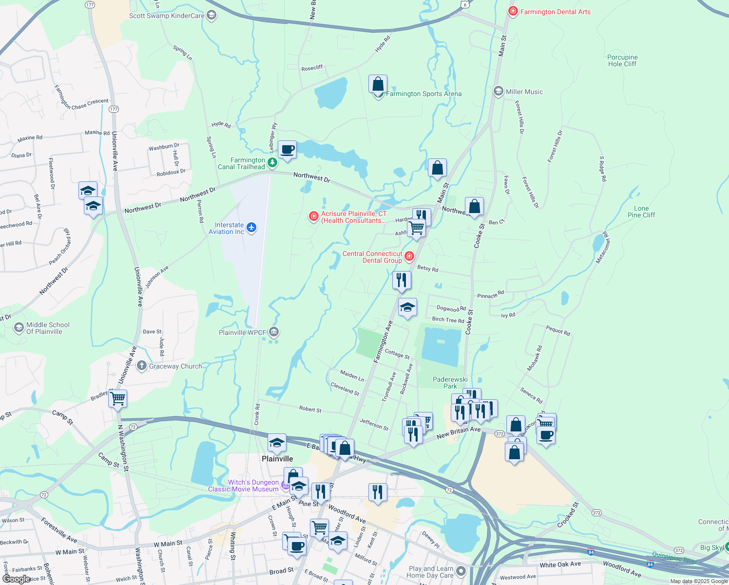 map of restaurants, bars, coffee shops, grocery stores, and more near Northampton Ln in Plainville