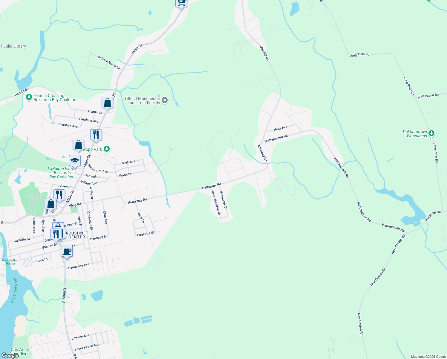 map of restaurants, bars, coffee shops, grocery stores, and more near 161 Hathaway Road in Acushnet