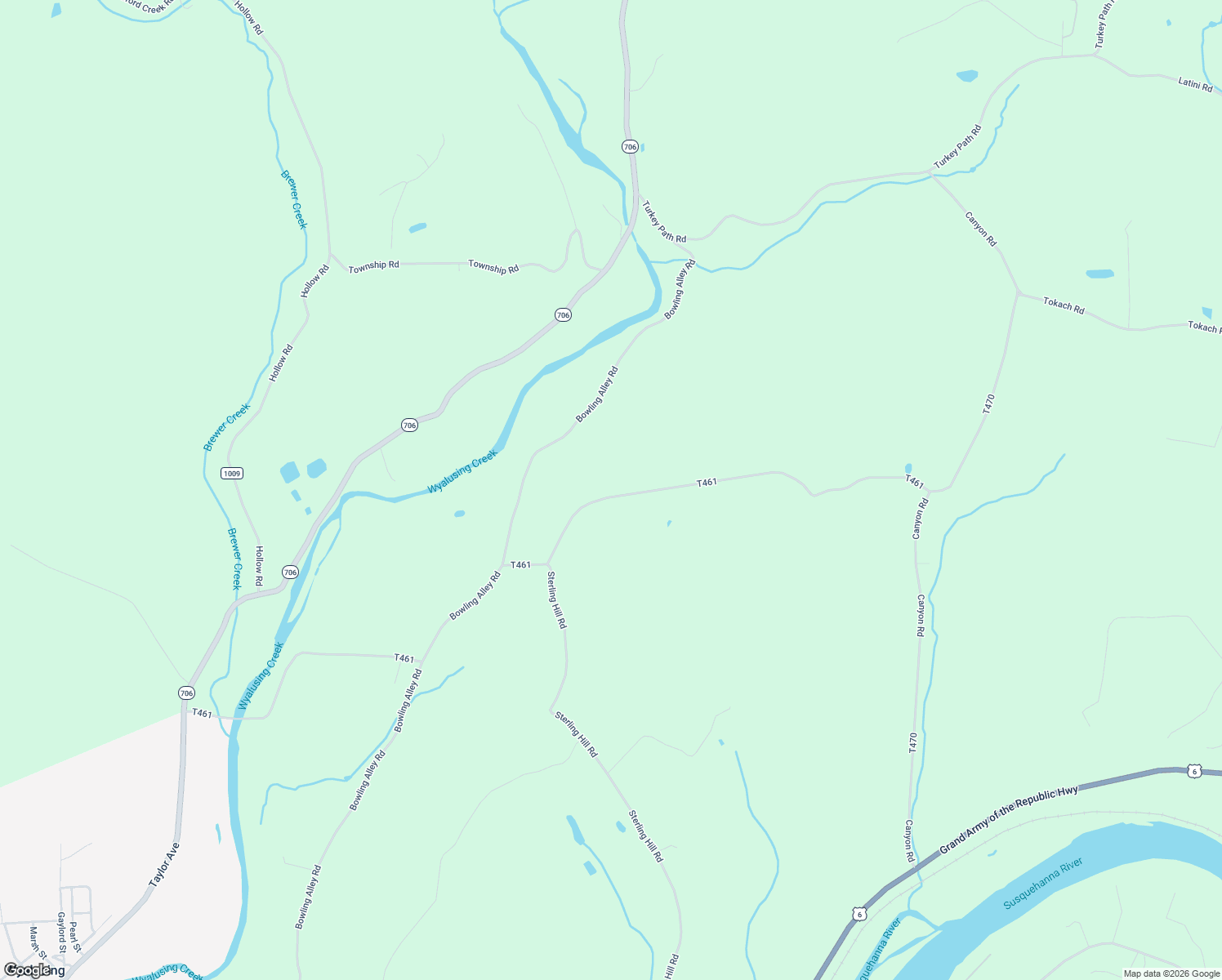 map of restaurants, bars, coffee shops, grocery stores, and more near 401 Valley View Road in Wyalusing