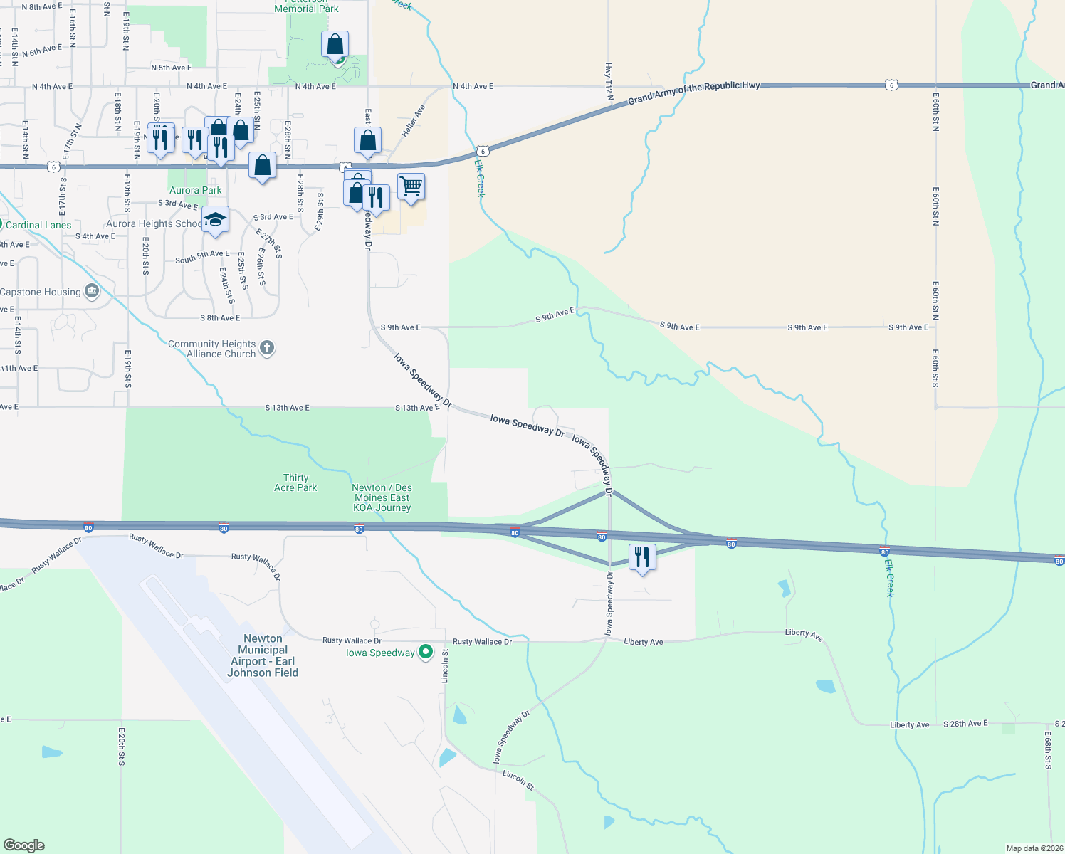 map of restaurants, bars, coffee shops, grocery stores, and more near Iowa Speedway Drive in Newton