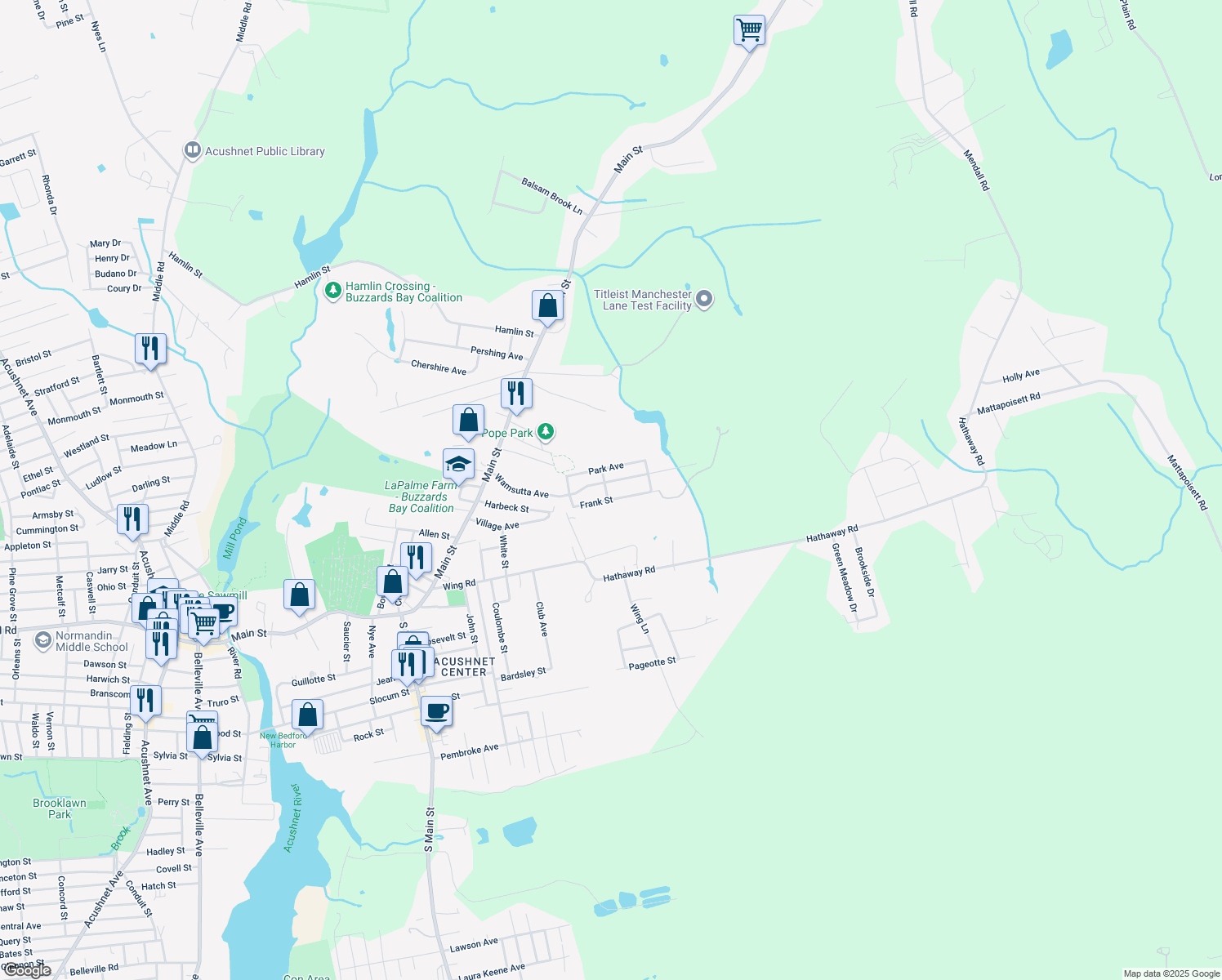 map of restaurants, bars, coffee shops, grocery stores, and more near 76 Wamsutta Avenue in Acushnet