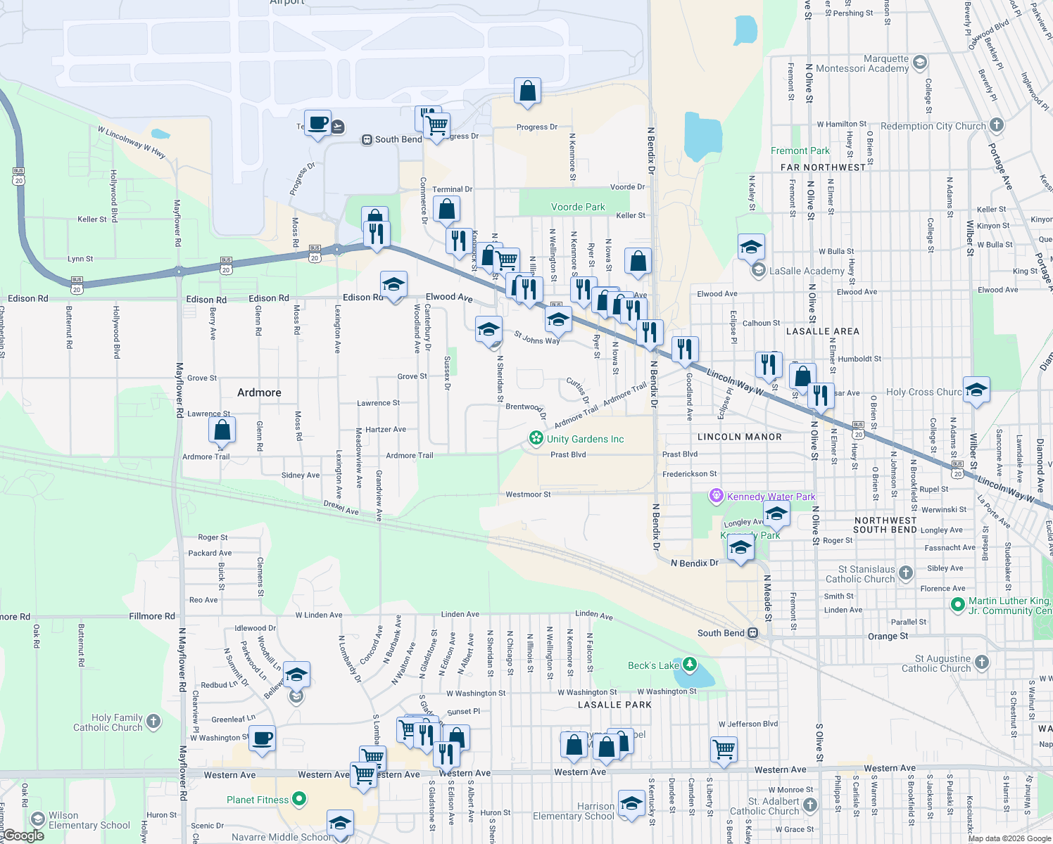 map of restaurants, bars, coffee shops, grocery stores, and more near 3899 Surrey Ln in South Bend