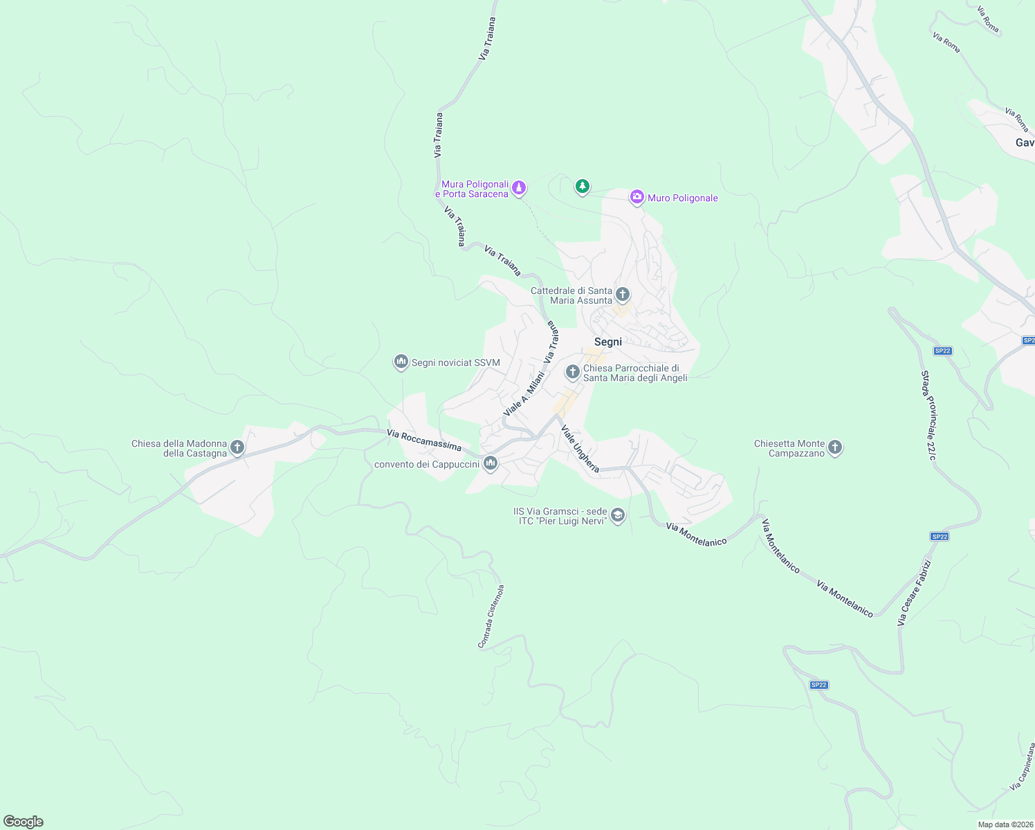 map of restaurants, bars, coffee shops, grocery stores, and more near 38 Via Privata Vallicella in Segni