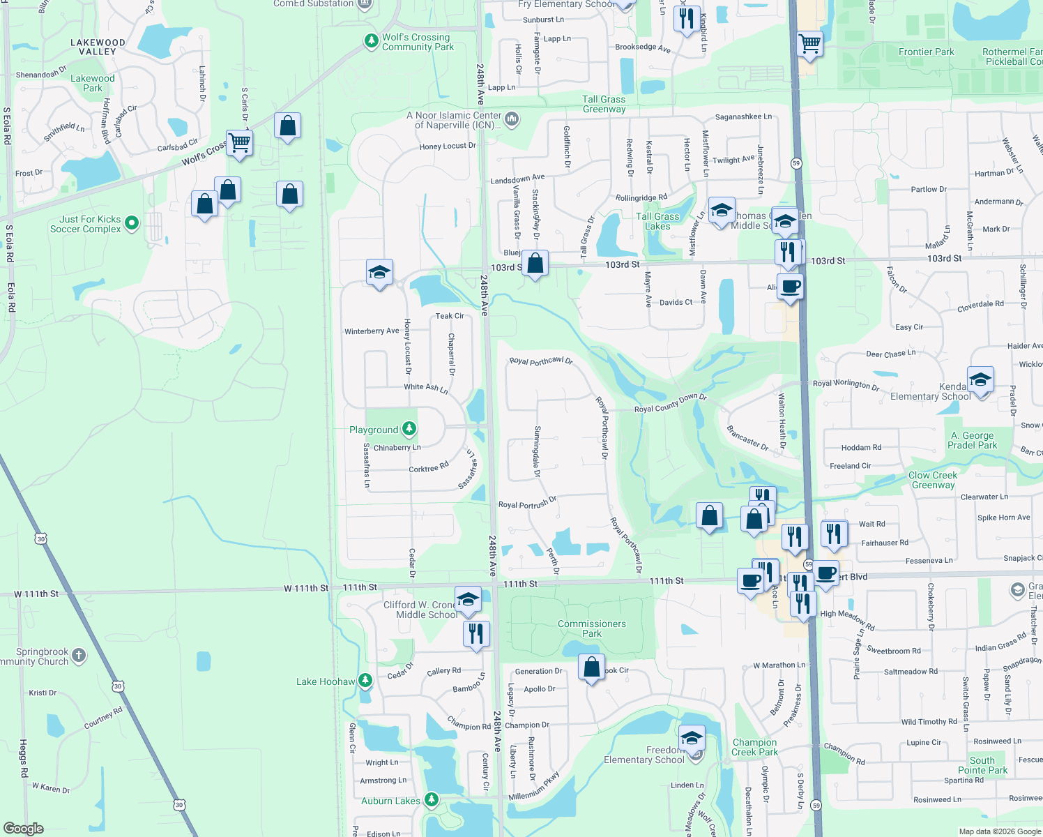 map of restaurants, bars, coffee shops, grocery stores, and more near 24715 Royal Lytham Dr in Naperville