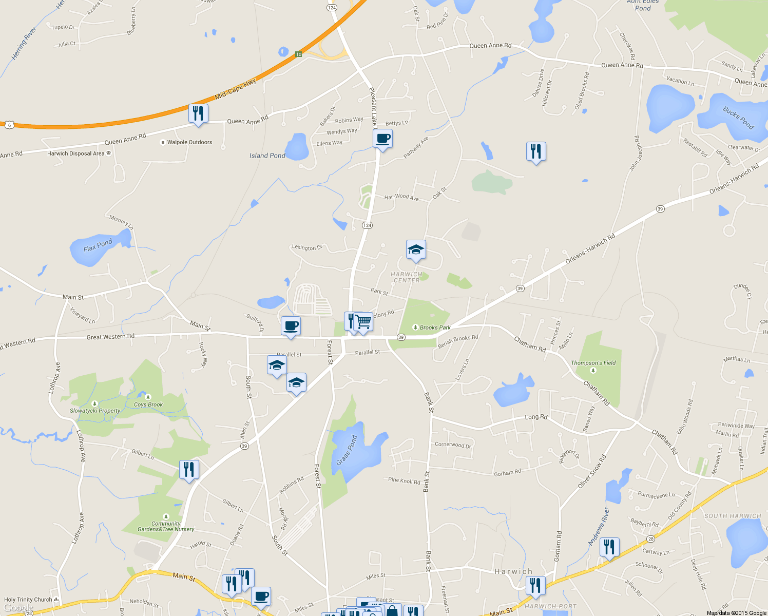 map of restaurants, bars, coffee shops, grocery stores, and more near 28 Old Colony Road in Harwich