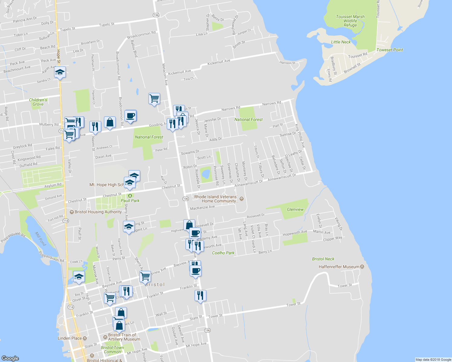 map of restaurants, bars, coffee shops, grocery stores, and more near 6 Sweeney Lane in Bristol