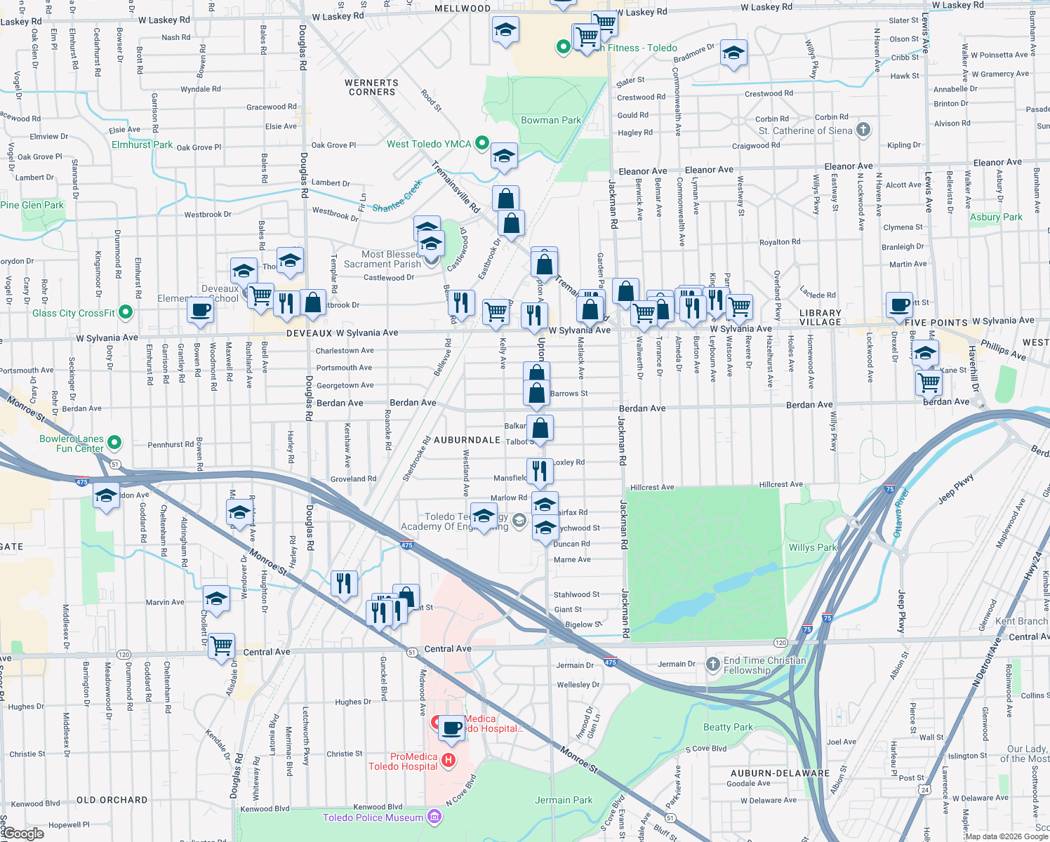 map of restaurants, bars, coffee shops, grocery stores, and more near 1928 Balkan Place in Toledo