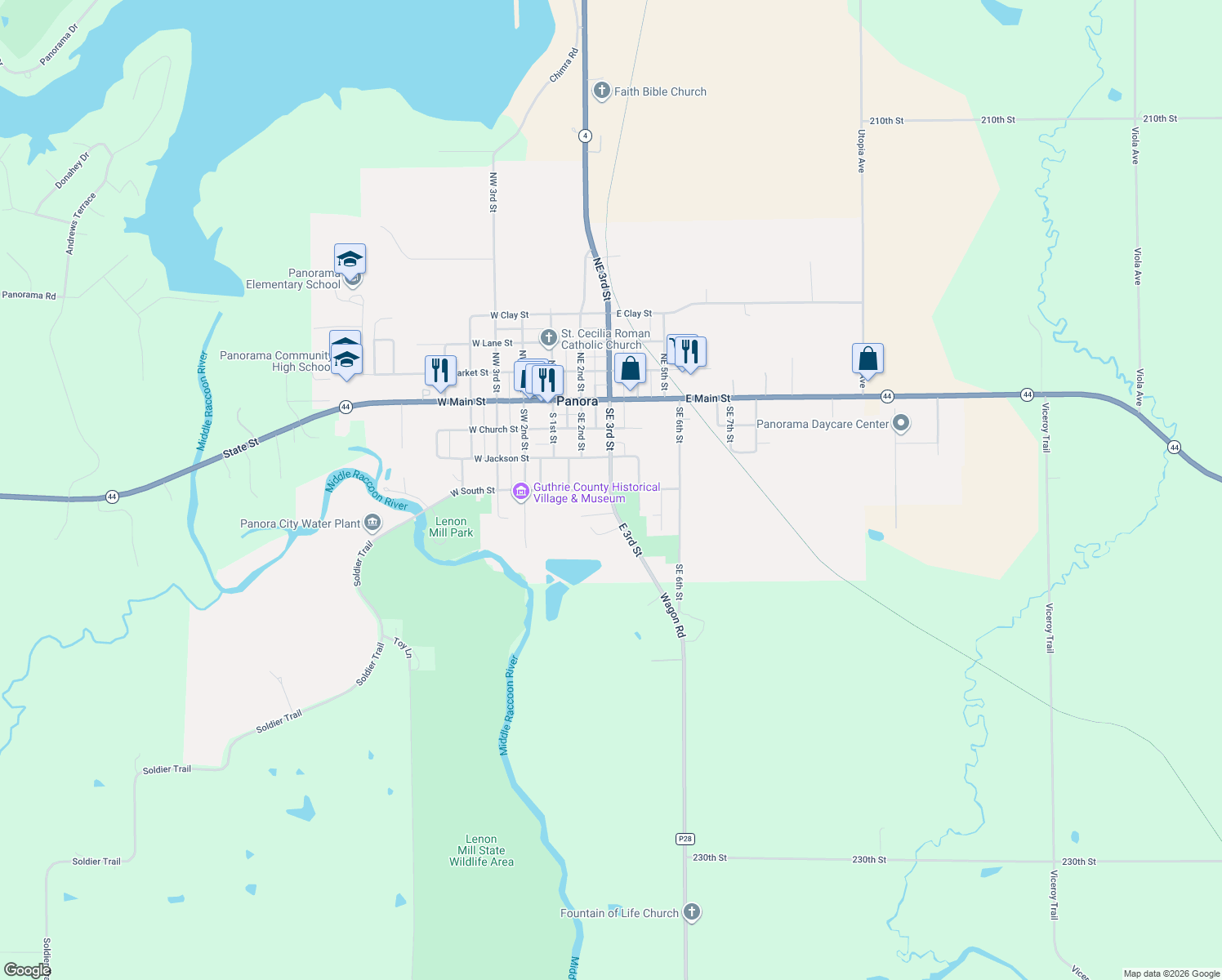 map of restaurants, bars, coffee shops, grocery stores, and more near 319 East South Street in Panora