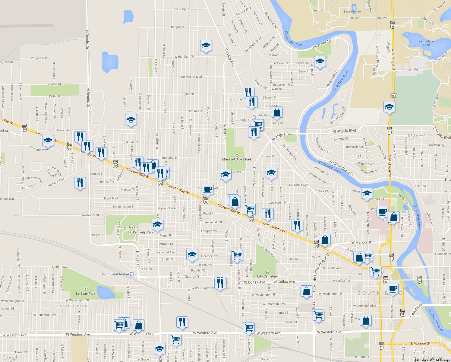 map of restaurants, bars, coffee shops, grocery stores, and more near 1041 Wilber Street in South Bend