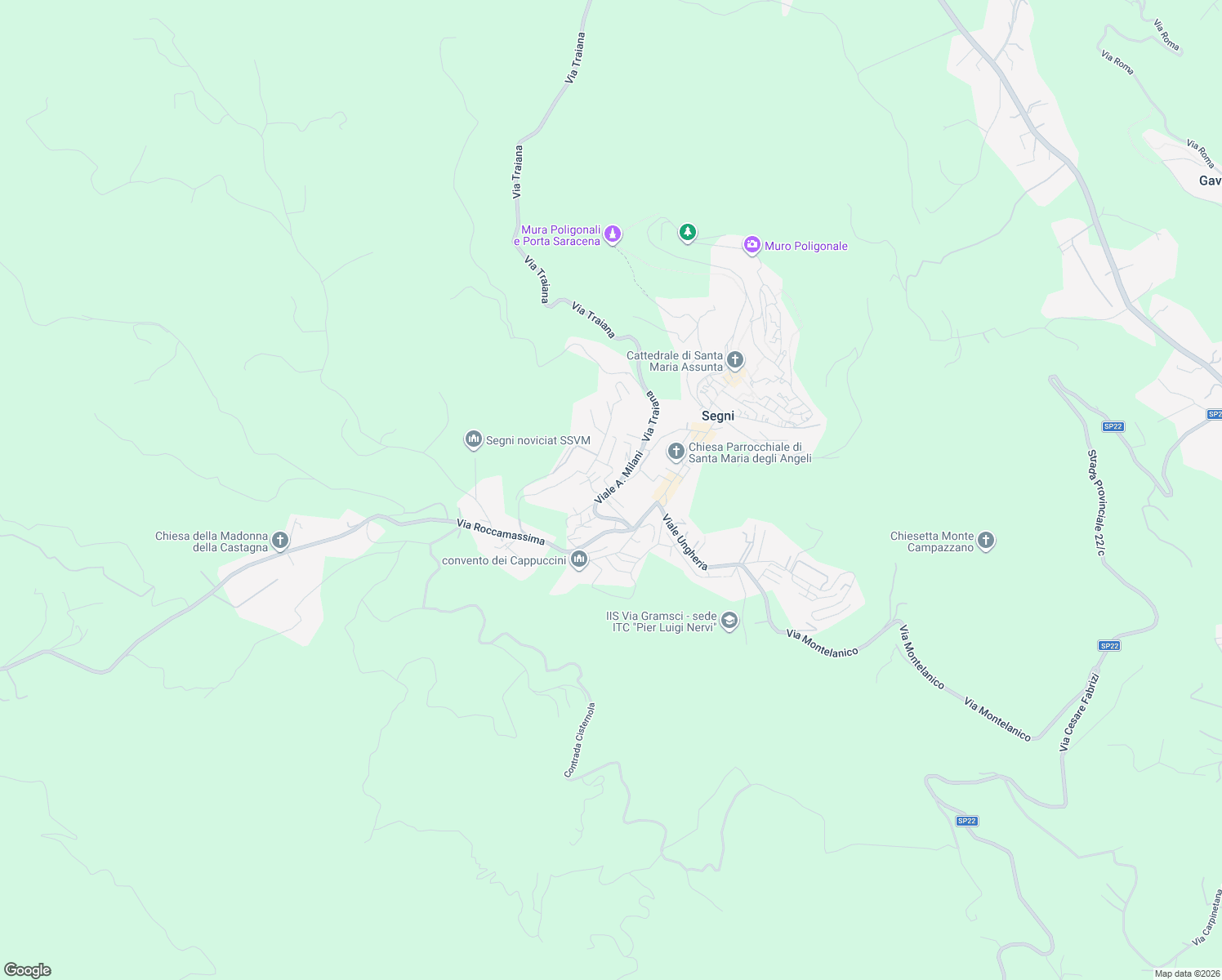 map of restaurants, bars, coffee shops, grocery stores, and more near 38 Via Privata Vallicella in Segni