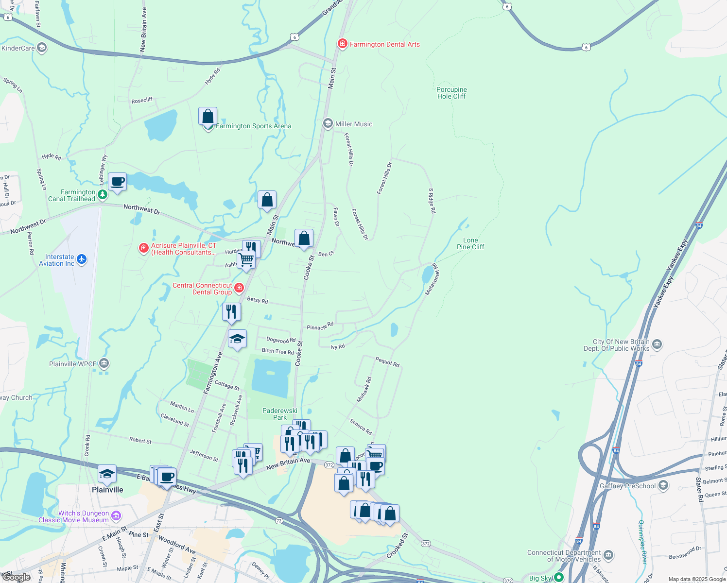 map of restaurants, bars, coffee shops, grocery stores, and more near 98 Nod Rd in Plainville