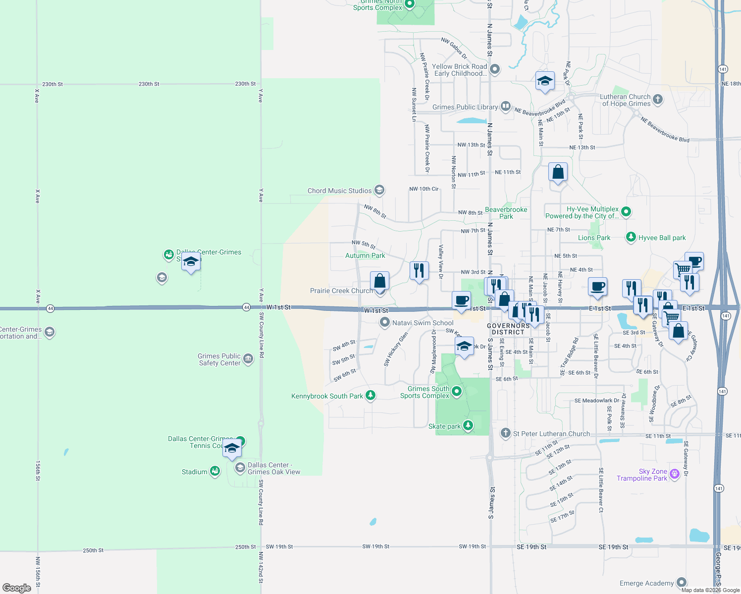 map of restaurants, bars, coffee shops, grocery stores, and more near Northwest 70th Avenue in Grimes