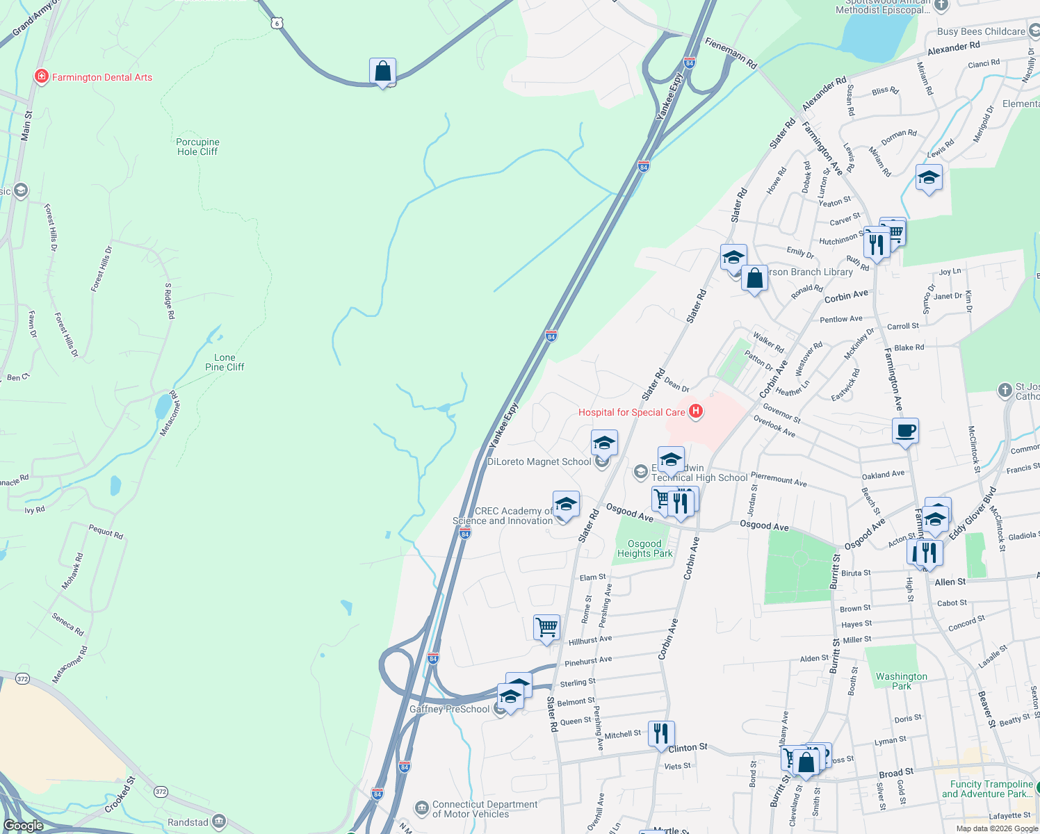 map of restaurants, bars, coffee shops, grocery stores, and more near 777 Osgood Ave in New Britain
