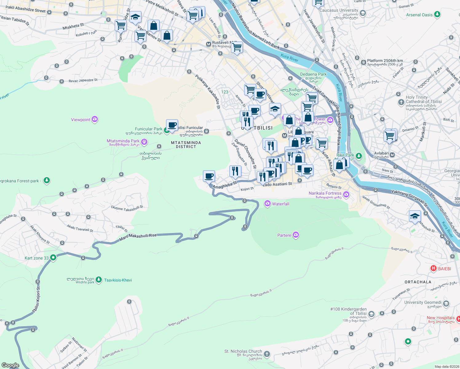 map of restaurants, bars, coffee shops, grocery stores, and more near Amaghleba Street in Tbilisi