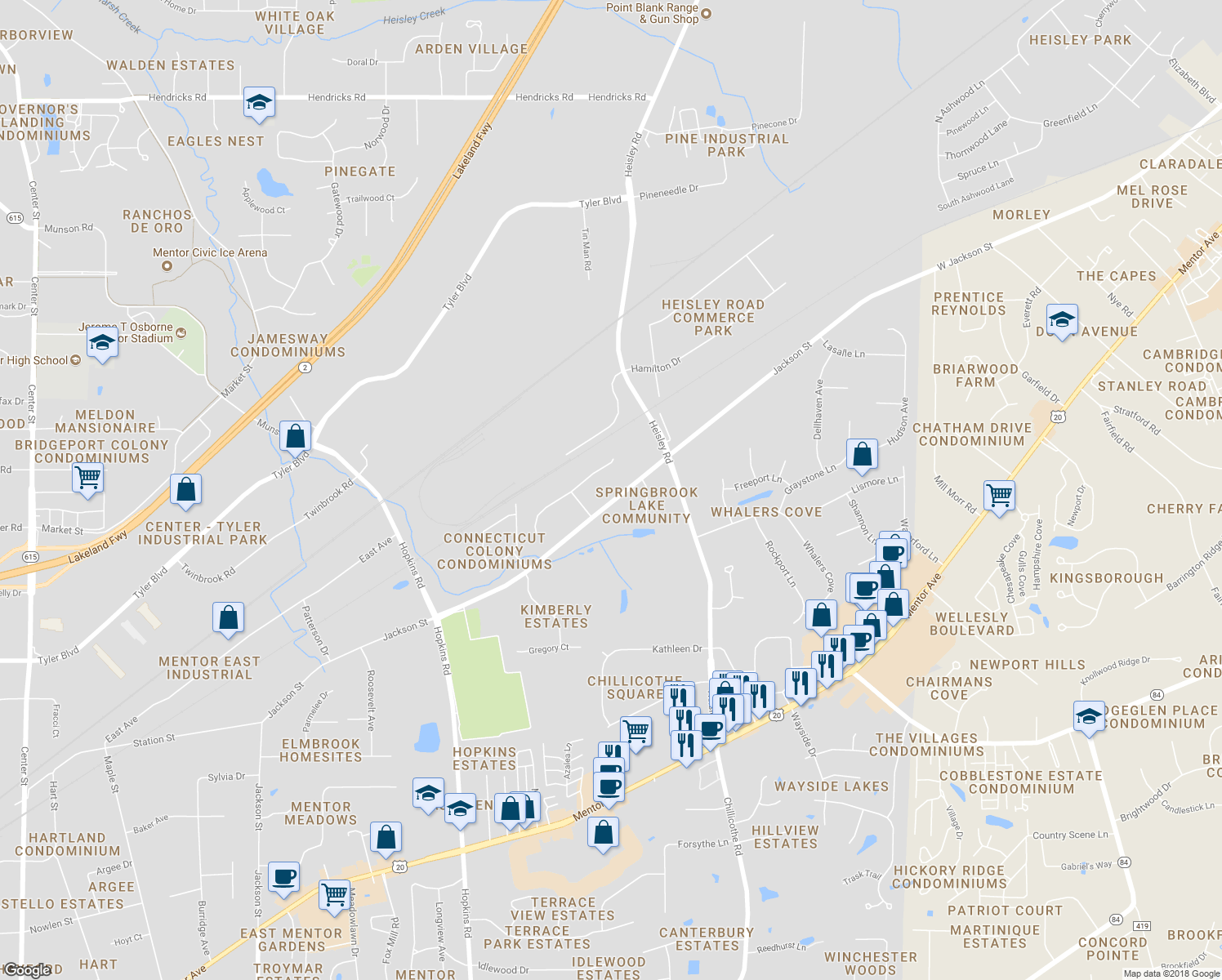 map of restaurants, bars, coffee shops, grocery stores, and more near 9219 Jackson Street in Mentor