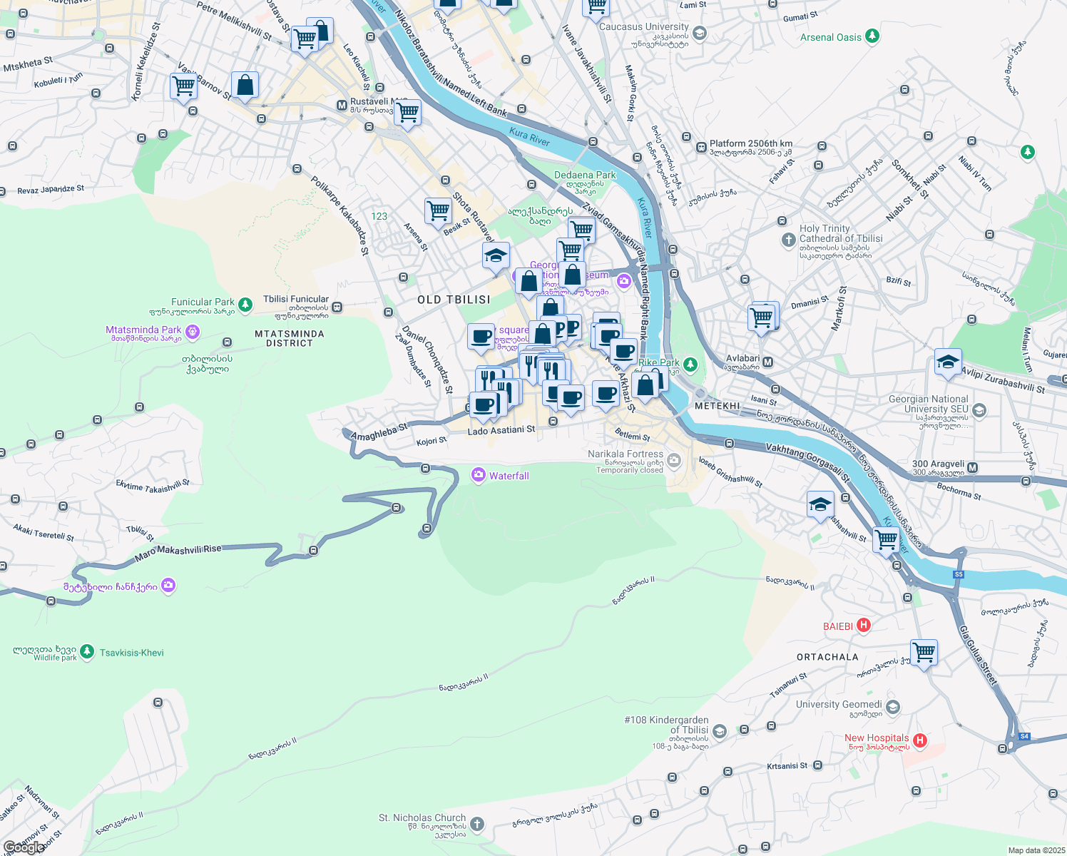 map of restaurants, bars, coffee shops, grocery stores, and more near Lado Asatiani Street in Tbilisi