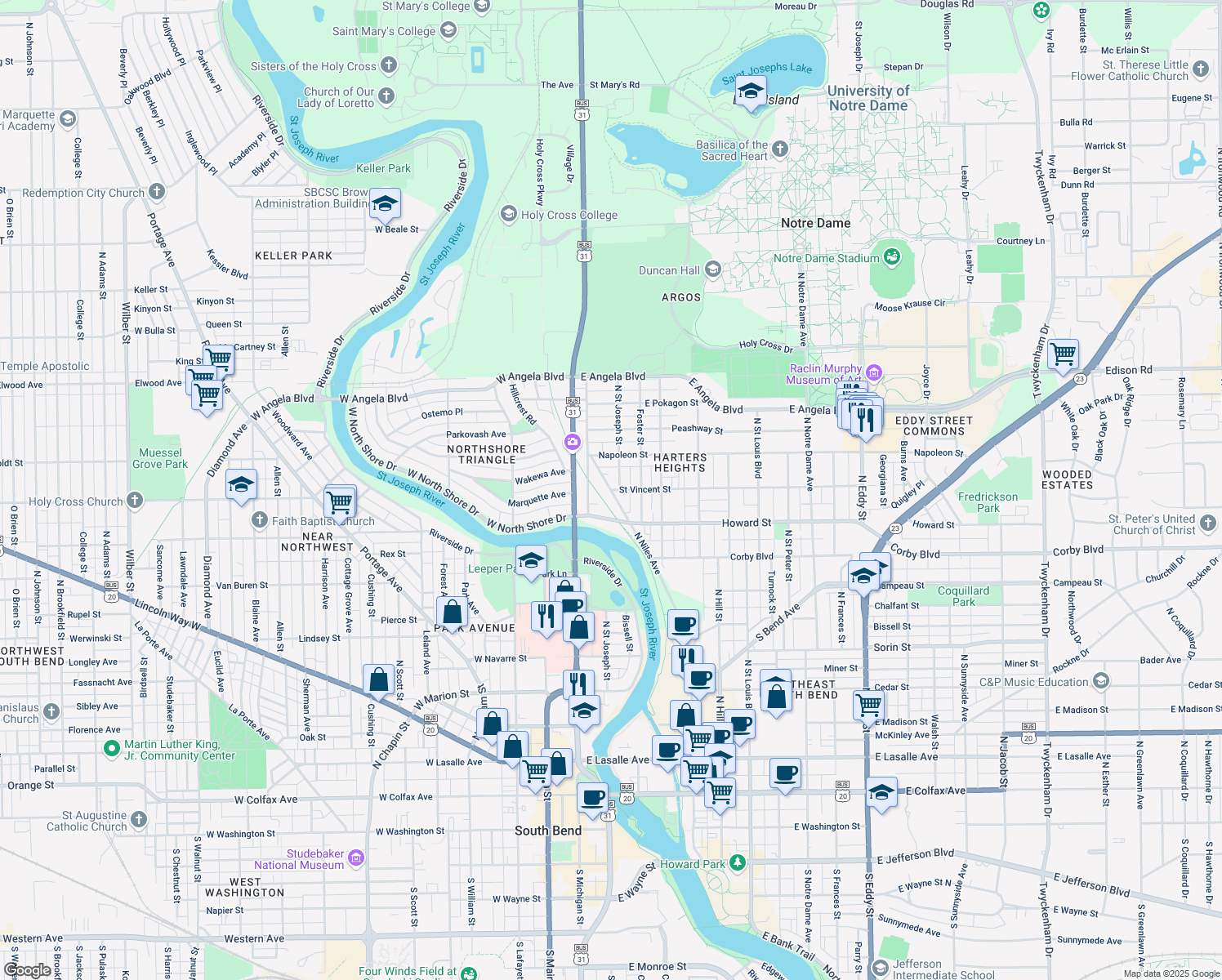 map of restaurants, bars, coffee shops, grocery stores, and more near 1098 North Niles Avenue in South Bend