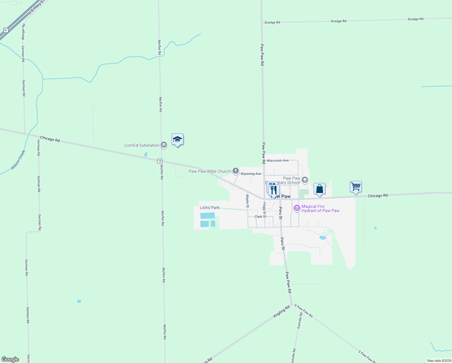 map of restaurants, bars, coffee shops, grocery stores, and more near 521 Park Avenue in Paw Paw